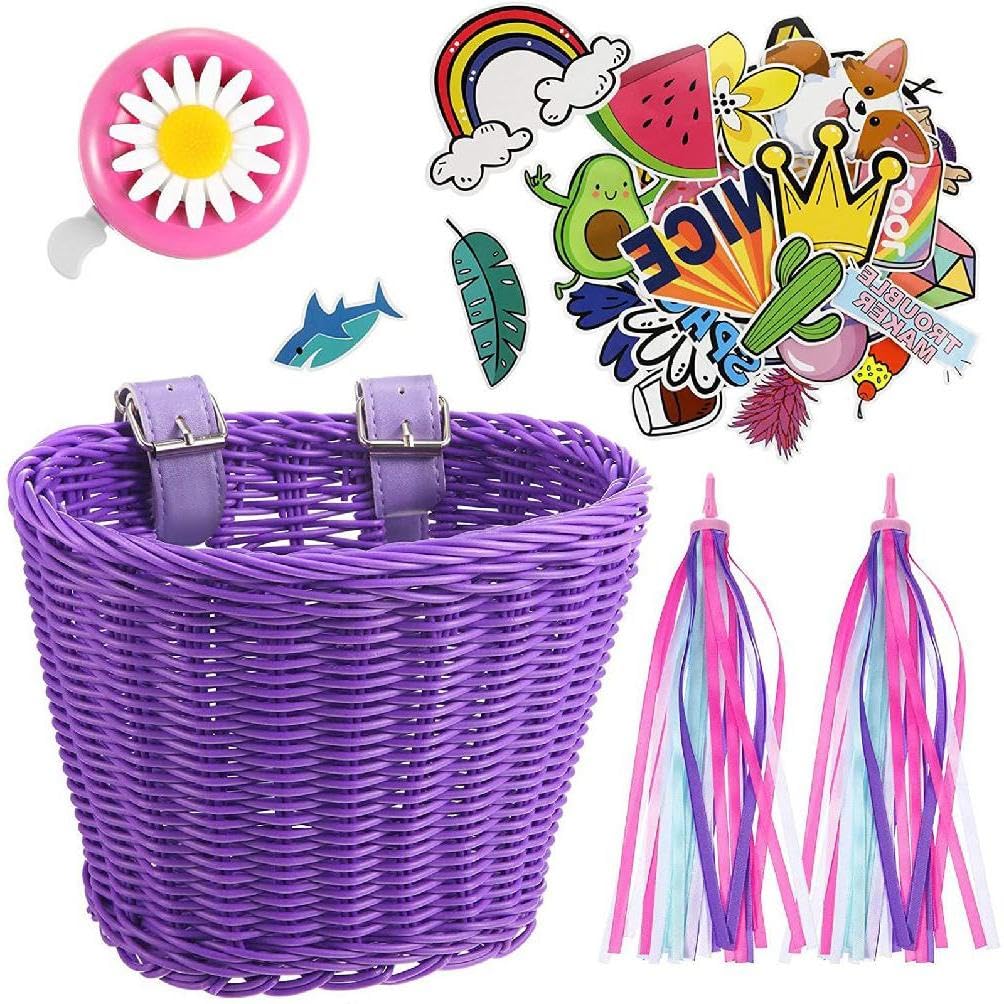 Kids Bicycle Basket Boys Girls Bicycle Baskets with Bells Bicycle Front Handlebar Decoration Accessories Kit Kids Bicycle Set