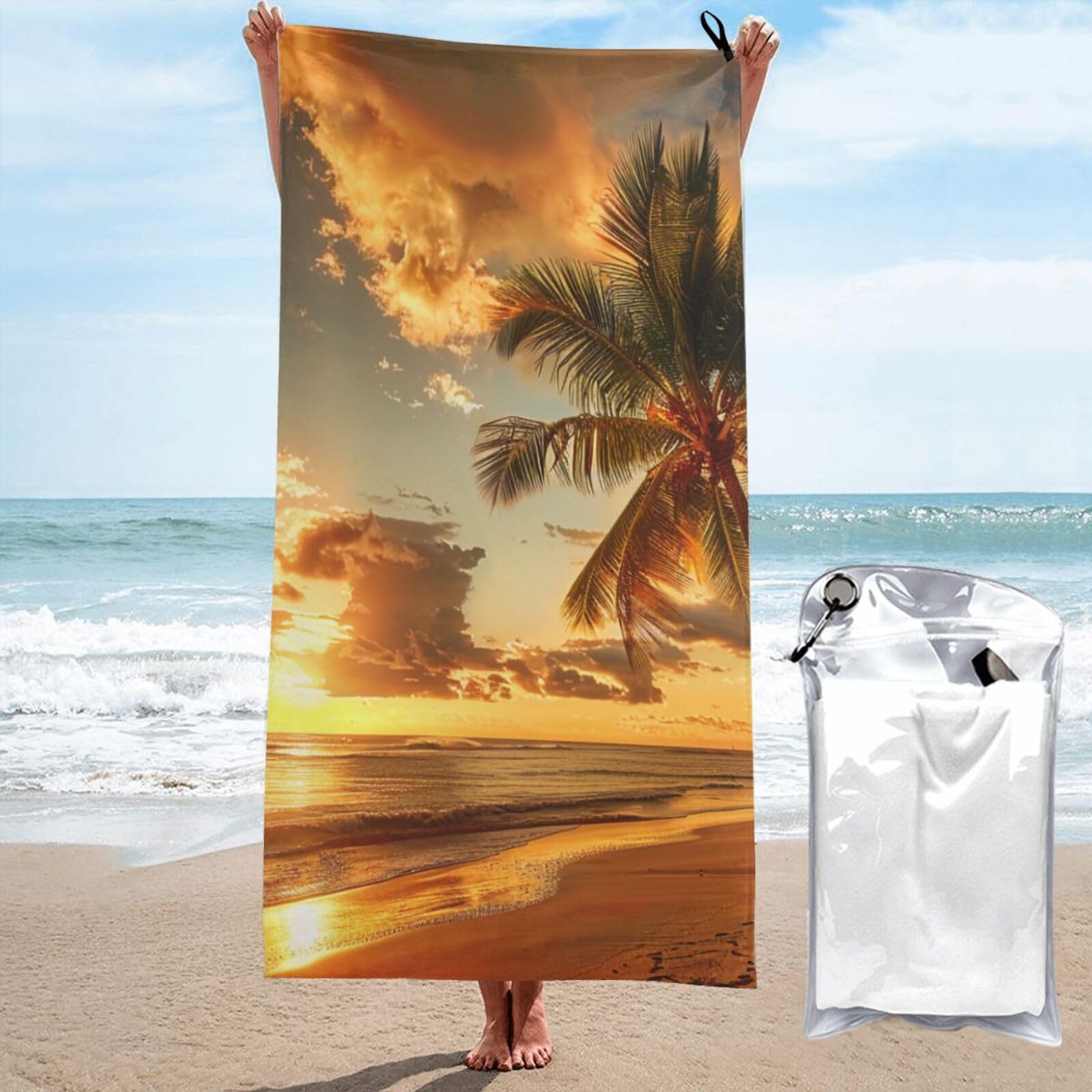 kkvhhyuo Microfiber Beach Towel, Sunset Hawaiian Palm Tree Printed Lightweight Quick Dry Travel Bath Sheet with Compact Carry Bag for Swimming Yoga Camping Gym,31.5"x63"