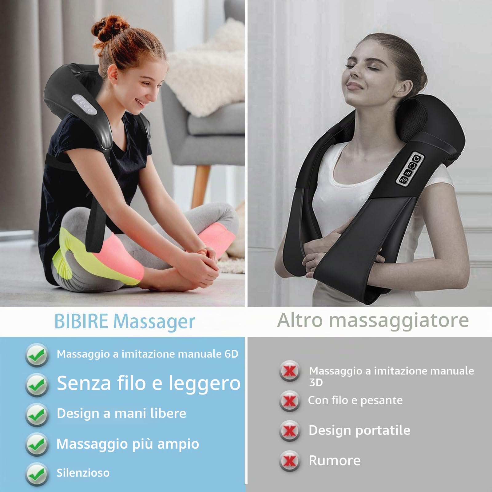 BIBIRE Massaggiatore per il collo e le spalle, massaggiatori cordless con 6 nodi di massaggio, massaggiatore shiatsu per il collo e le spalle con calore per le trappole, la schiena e le gambe