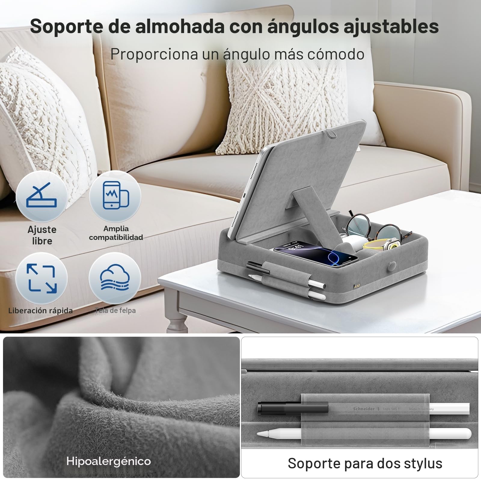 KDD Soporte de Almohada para Tableta con Almacenamiento, Soporte de Tablet para Cama, Soporte de Tableta Ajustable Angulo con Soporte de Aguja Compatible con iPad Pro, Air, Mini, Book, Phone(4-13 ")