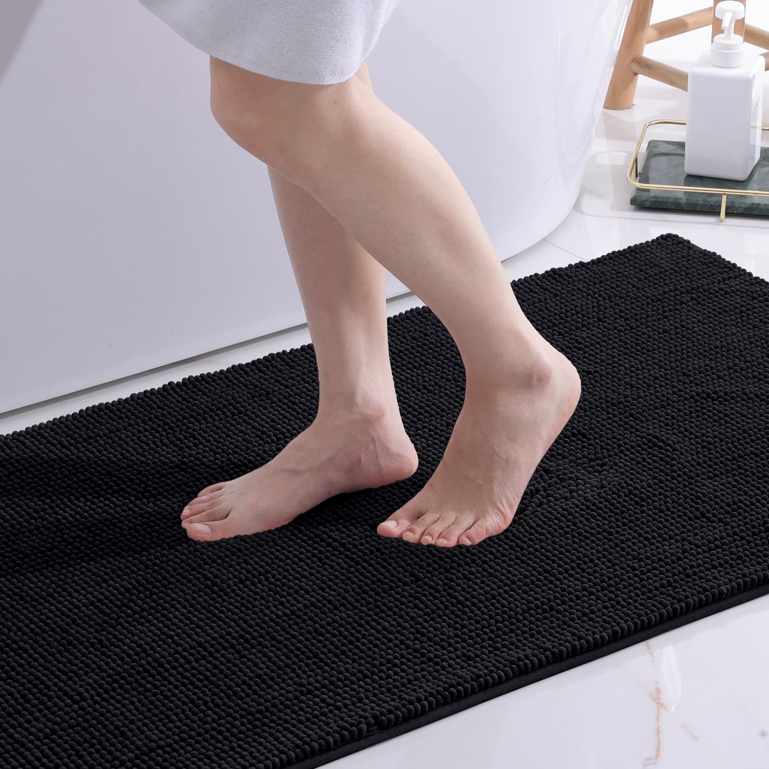 OLANLY Tapis de bain en chenille antidérapant 60 x 120 cm noir