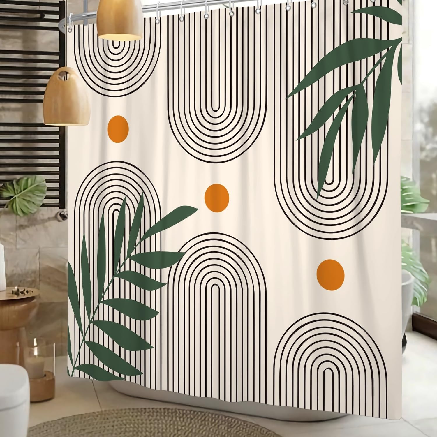 Xiaoterna Boho Sun Line Shower Curtain Rustic Bohemia Mould Proof Resistant Bathroom Curtain Western Retro Abstract Sun Leaves Shower Curtain Machine Washable Waterproof Fabric 150x200cm - Image 2