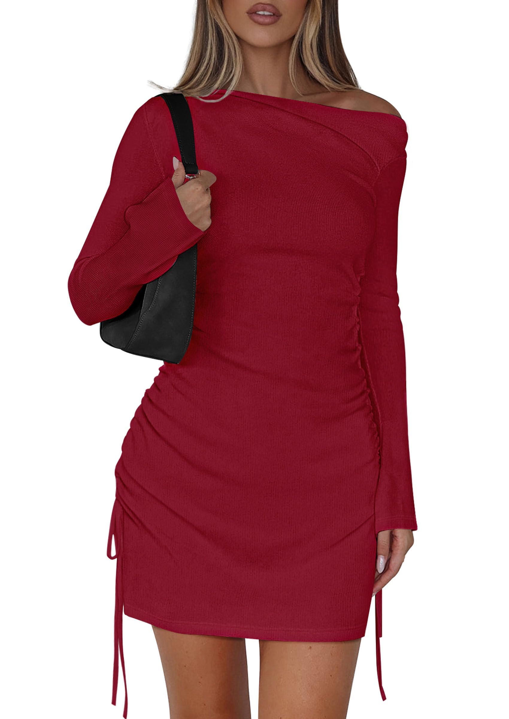 PRETTYGARDEN Long Sleeve Dress for Women 2026 Fall Off The Shoulder Cocktail Party Spring Mini Ruched Bodycon Dresses