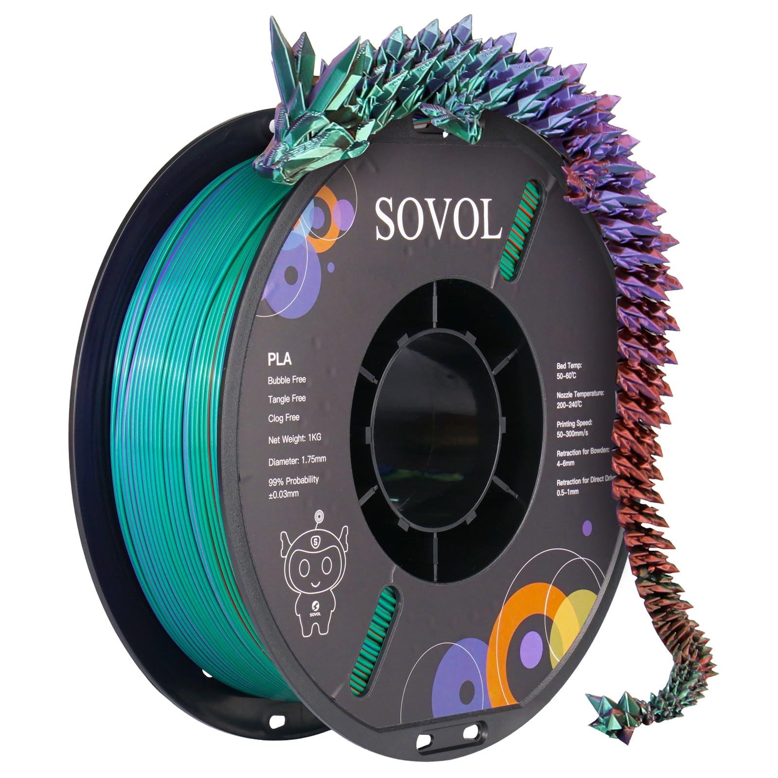 Sovol Tri Color Silk PLA Filament 1.75mm, 3D Drucker Silk Filament 1kg (2.2LBS), Seiden Bronze/Lila/Grün Dreifarbiges Coextrusion PLA Shiny Filament +/-0.03mm