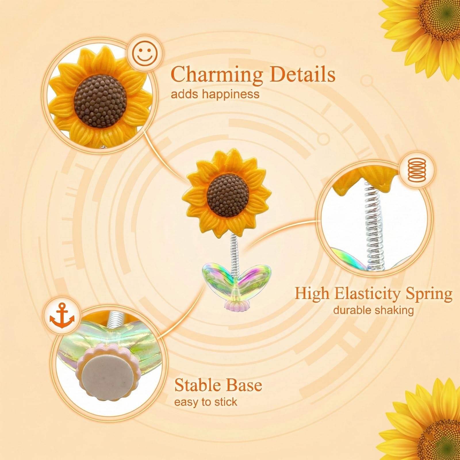 Set di 5 Girasoli Decorazioni Auto con Molla Oscillante, Accessori Auto Interno, Ornamenti Girasole per Cruscotto