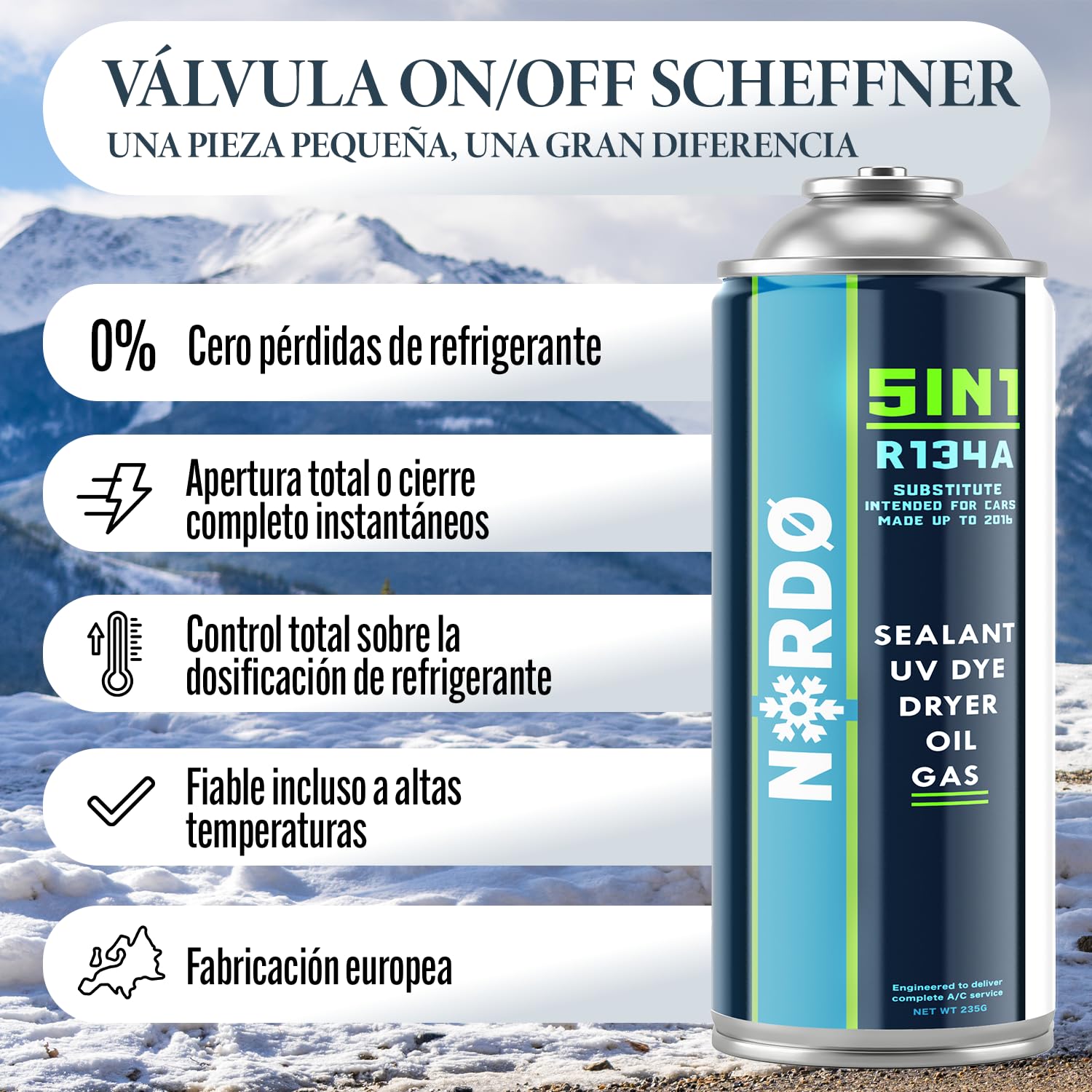 Nordo 5 en 1 – Refrigerante R134a XL para aire acondicionado de coche con aceite, sellador de fugas, trazador UV y deshidratante + adaptador HP/LP – Protege el compresor – 235 g por lata
