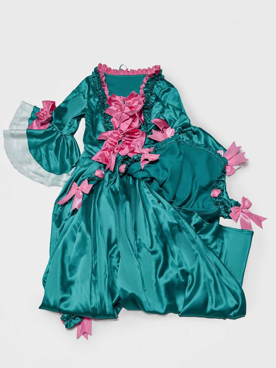 Medieval Dress Pompadour Dress Green Satin Rococo Vintage Dress with Pink Bow Decorations - Image 7