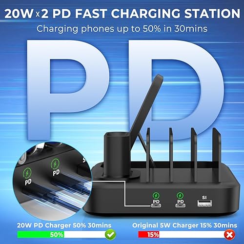 Miniatura 2 de Estación de carga inalámbrica rápida de 20Wx 2 PD para múltiples dispositivos Apple, 67 W, 6 puertos, teléfono tableta, 6 en 1, base de carga USB