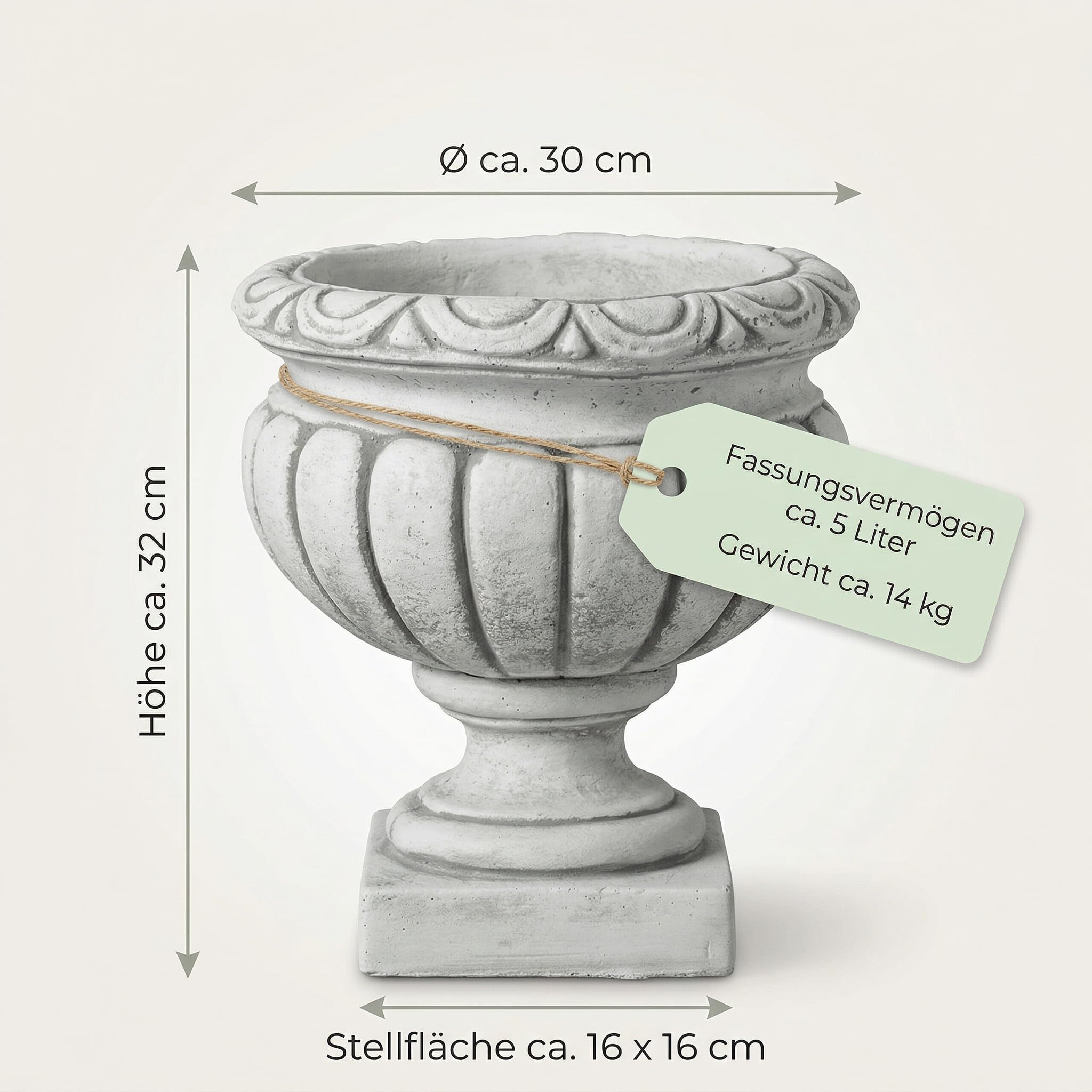 gartendekoparadies.de Klassische Pflanzvase, Pflanzgefäß für Garten & Terrasse, Ø 30 cm, H 32 cm, Grau, 5 L, 14 kg, Weißbeton/Steinguss, frostsicher bis -30 °C