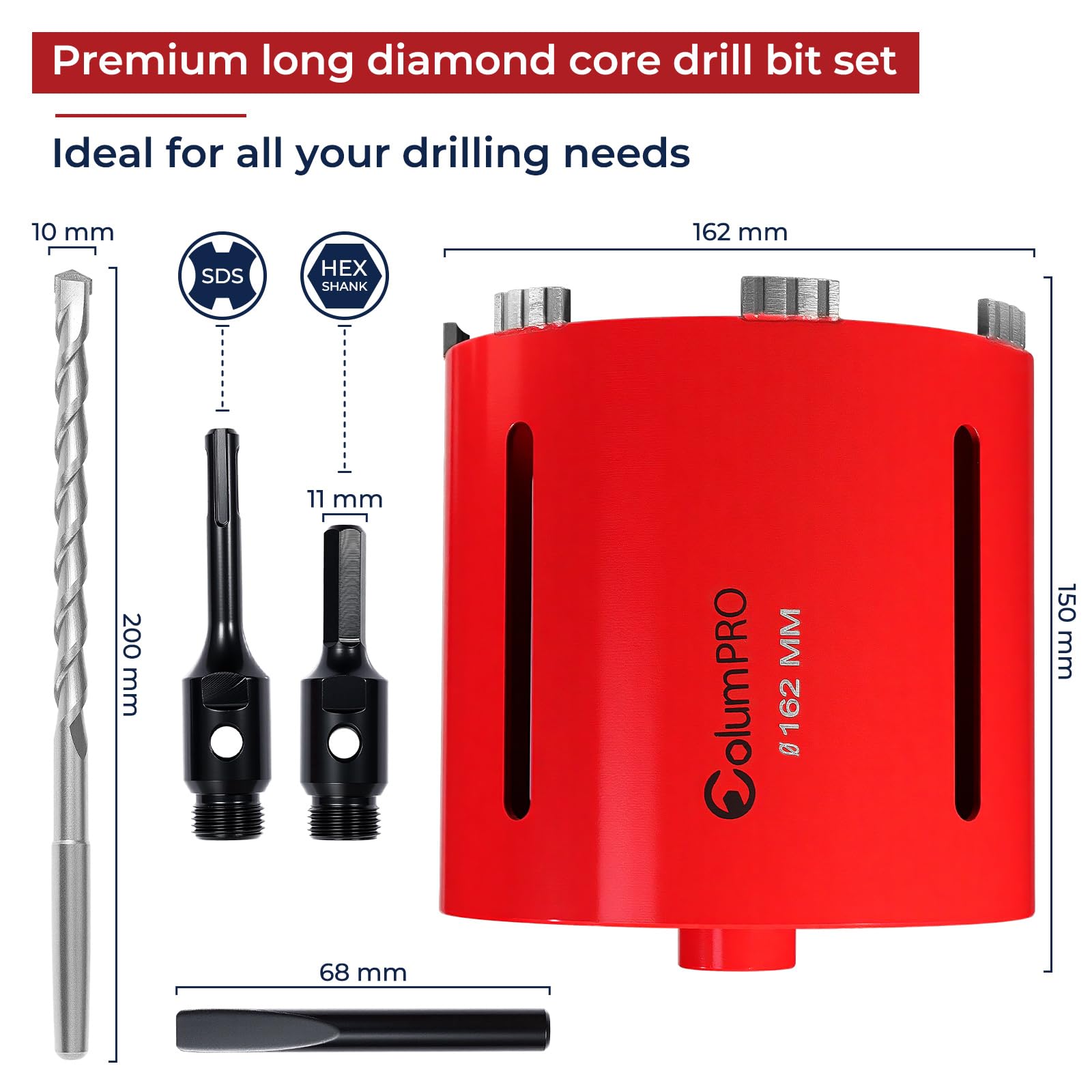ColumPRO 162mm x 150mm Long Diamond Core Drill Bit Set including Hex Shank Adapter, SDS Adapter - Image 2