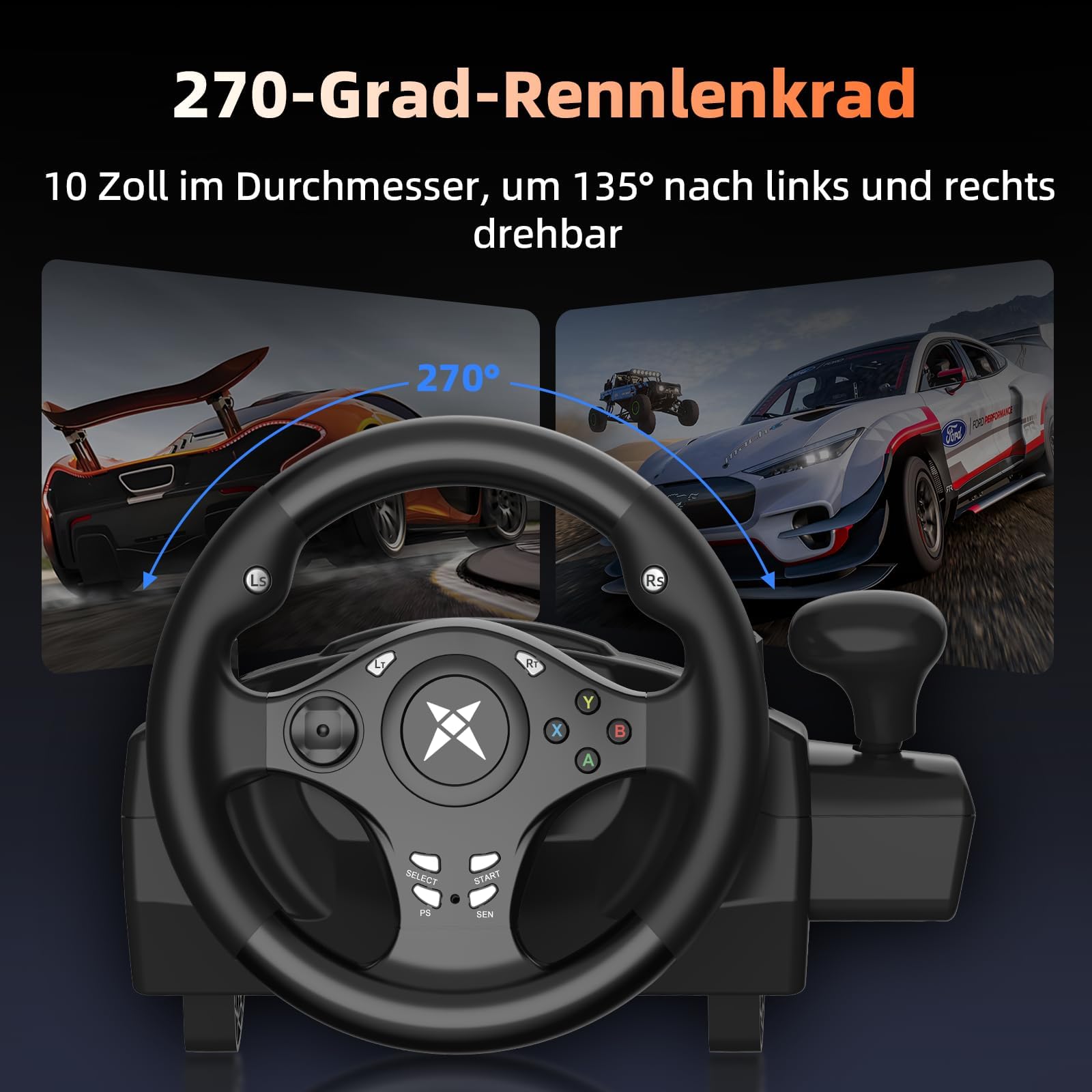 NBCP R270 Gaming Lenkrad mit Pedalen 270° Vibrationseffekt Kompatibel PC PS3 PS4 Xbox One Xbox Series X/S Nintendo Switch