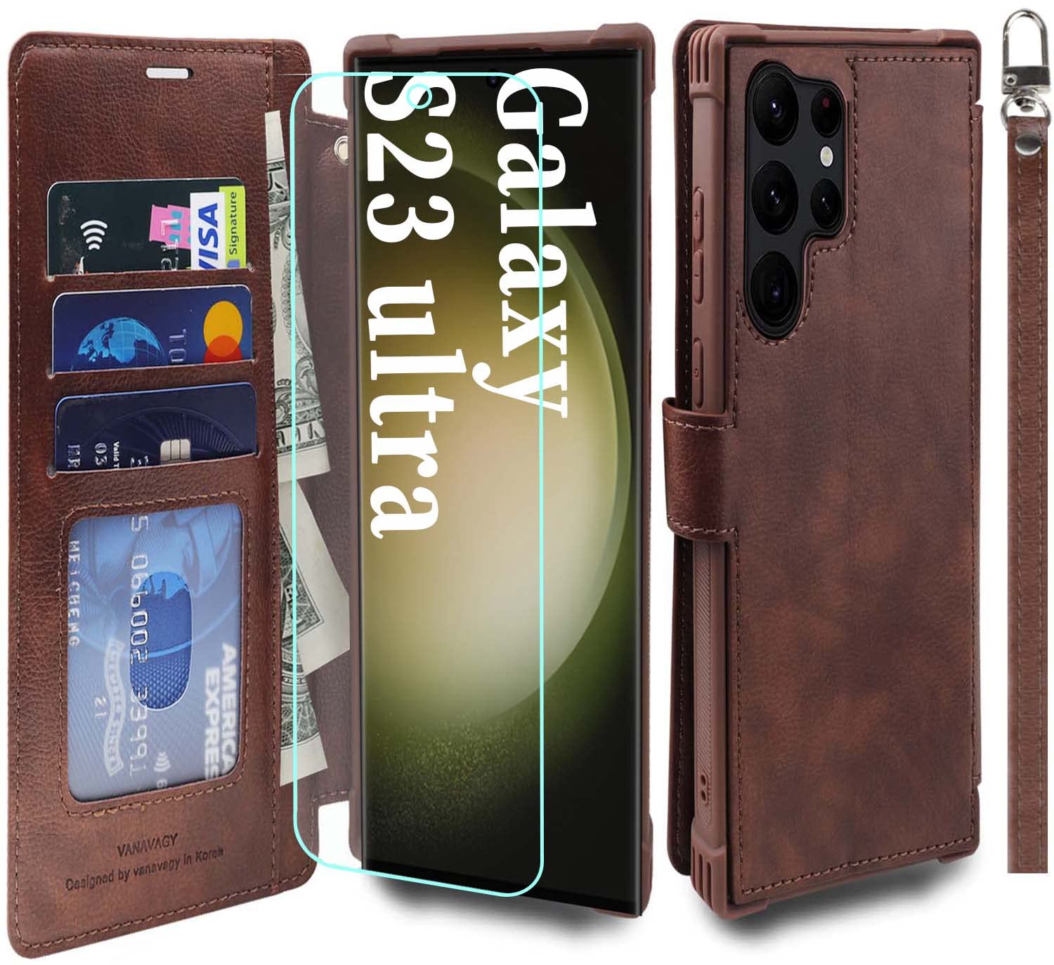 VANAVAGY Compatible for Galaxy S23 Ultra Wallet Case, 12ft Drop Protection, RFID Blocking PU Leather Flip Cover