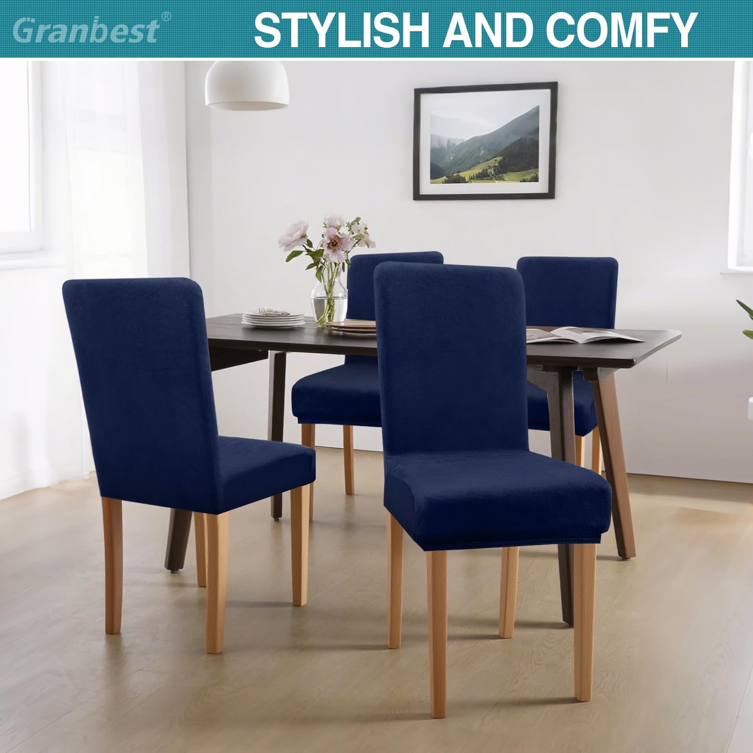 Granbest Fundas elásticas de terciopelo para sillas de comedor, fundas de lujo para sillas de comedor, lavables sin mangas para niños y mascotas (juego de 6, terciopelo azul oscuro