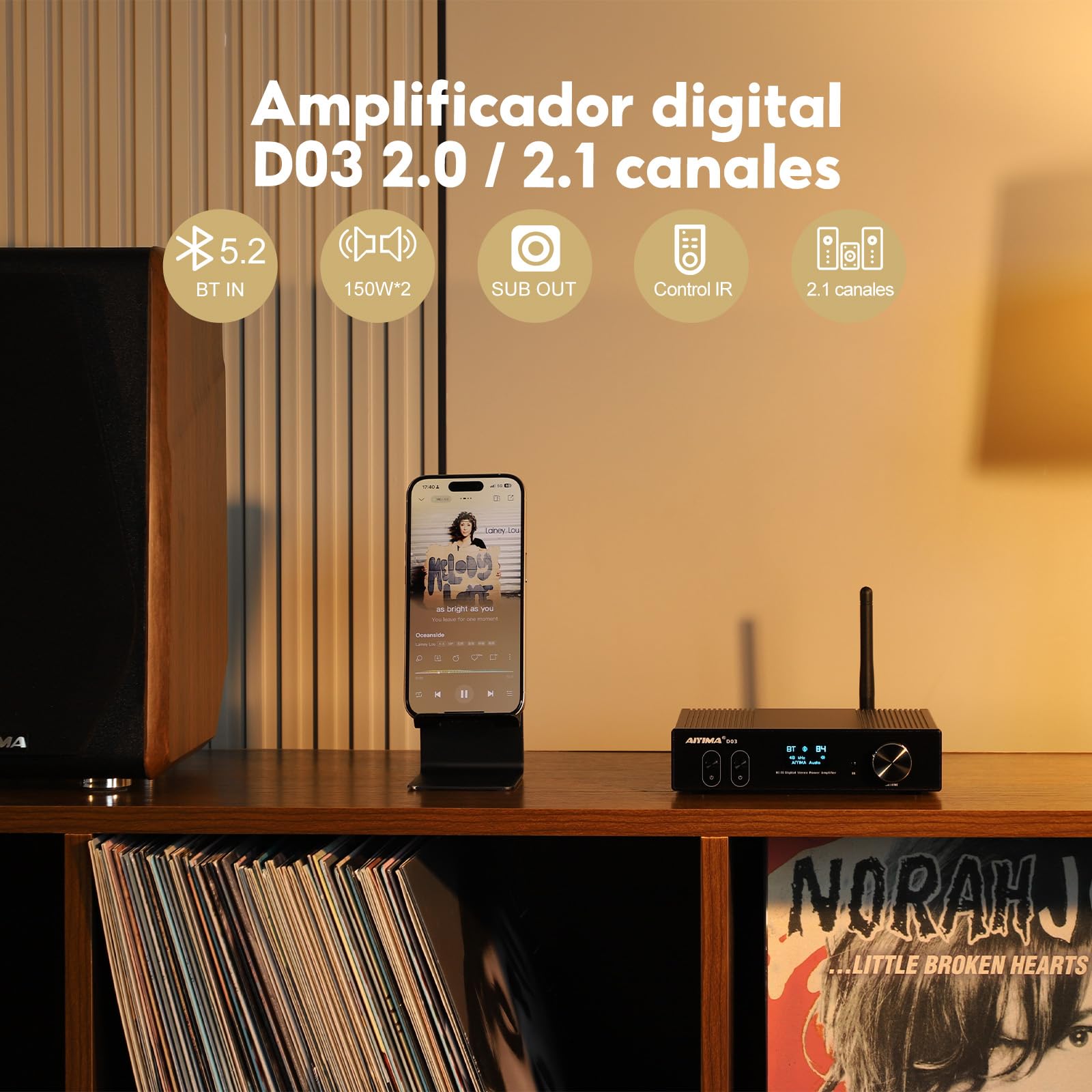 AIYIMA D03 Bluetooth 5.2 150W x 2 Estéreo HIFI 2.1 CH Sound Digital Amplificador 24bit / 192kHz Clase D Amplificador de potencia USB DAC coaxial óptico OLED APTX Support Subwoofer