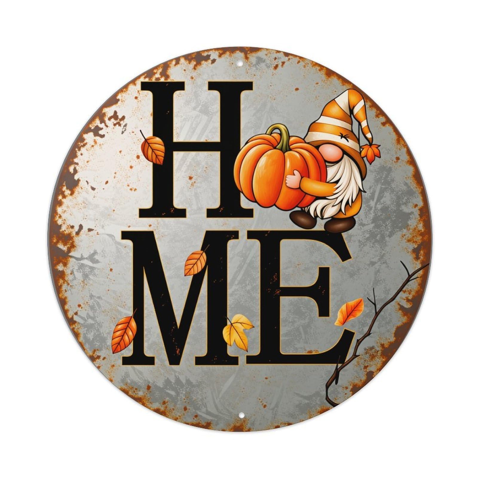 Wmlzdnwr Vintage Home Autumn Gnome Pumpkin Leaves Rustic Design Round Tin Sign,Retro Wall Art,Metal Poster For Home, Bar, Garage, Cafe, Rustic Indoor & Outdoor Decor, 8X8 Inches