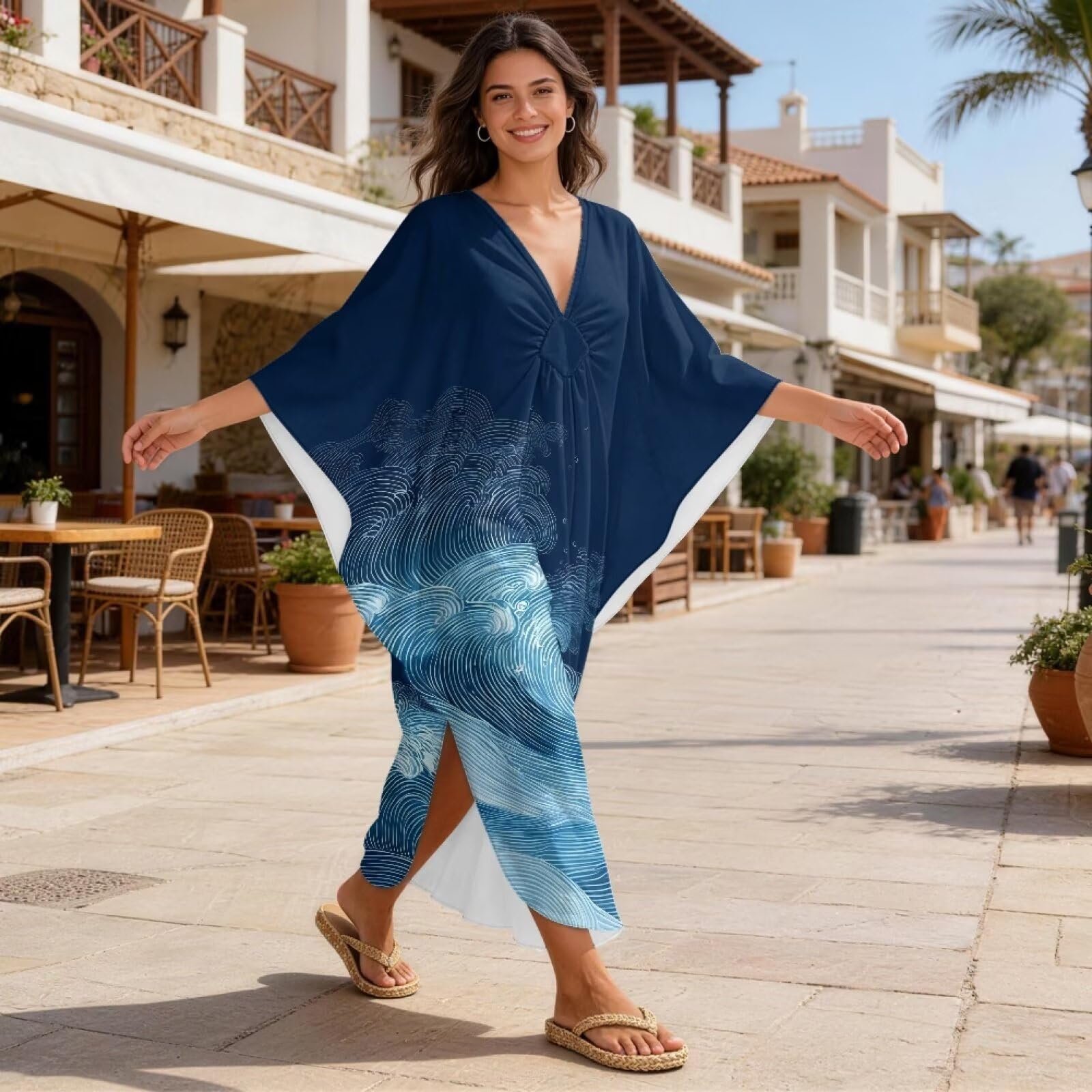 Xoenoiee Abito caftano da donna con scollo a V, taglie forti, maniche lunghe a pipistrello, copricostume estivo da spiaggia