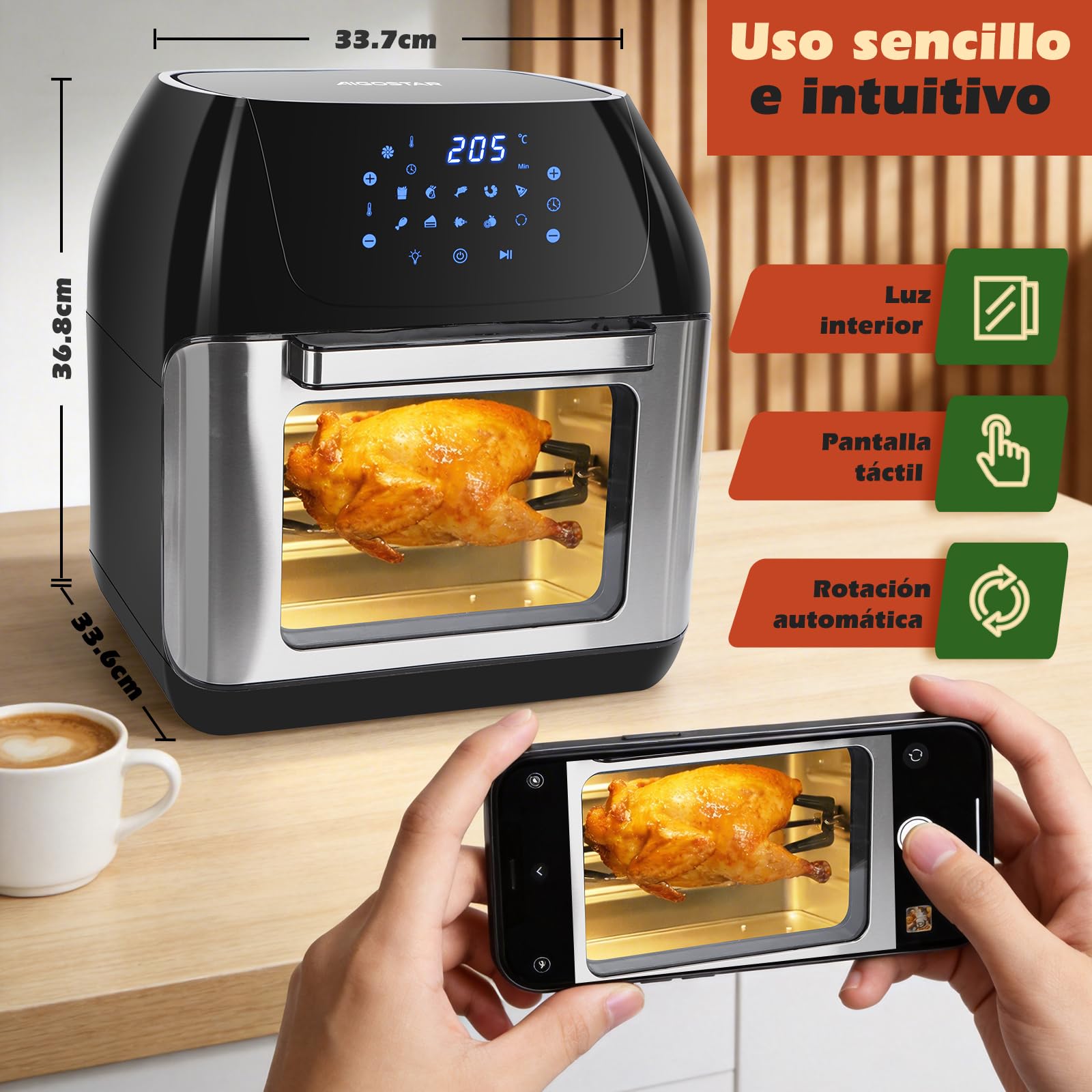 Aigostar Freidora Aire 12L con Sistema giratorio, Horno de Aire 1500W, 9 Programas y Pantalla LED Táctil, Air Fryer de Acero Inoxidable con Ventana Visualización, Accesorios Incluidos, Deshidratador