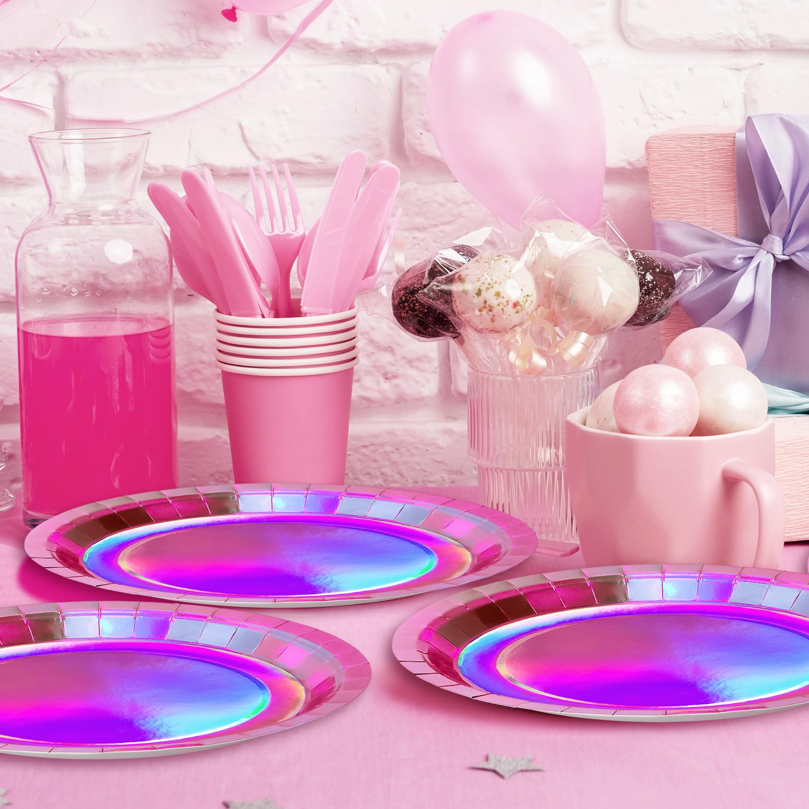 JarThenaAMCS 50 platos de papel rosa iridiscente holográficos desechables de color rosa intenso de 9 pulgadas, platos redondos de postre para discoteca, despedida de soltera, fiesta de cumpleaños