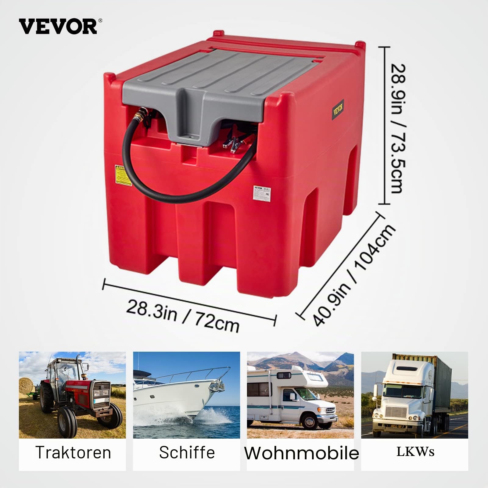 VEVOR Tragbarer Dieseltank 116 Gallonen/440L Mobile Tankanlage, Rot Mobile Dieseltankstelle, 140 W Tankstation Dieseltank, 12 V Automatik Pumpe, 4 m Schlauch Benzintank zum Betanken
