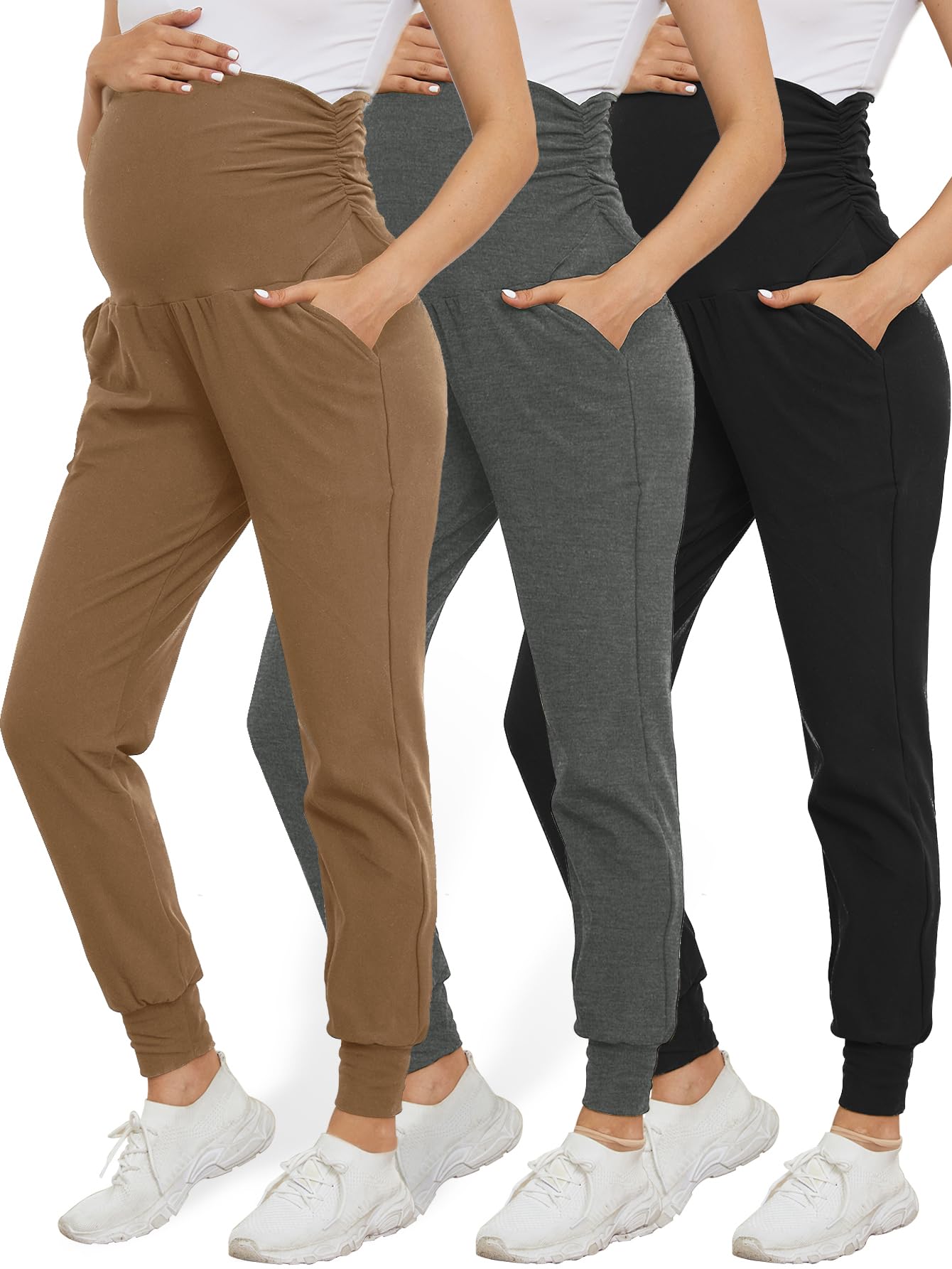 PARNIXS Pantaloni della tuta elasticizzati sopra il pancione, pantaloni sportivi da allenamento, pantaloni per gravidanza, pantaloni da yoga con tasche, confezione da 3