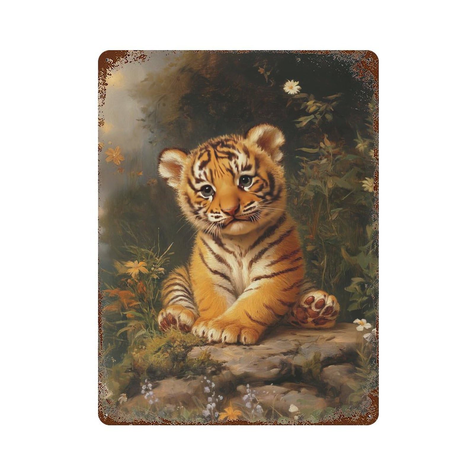 Weathered Tin Sign with Cute Tiger Cub Design 15.7"x11.8", for Garage, Bar And Workshop Decor, Decorative Metal Wall Art