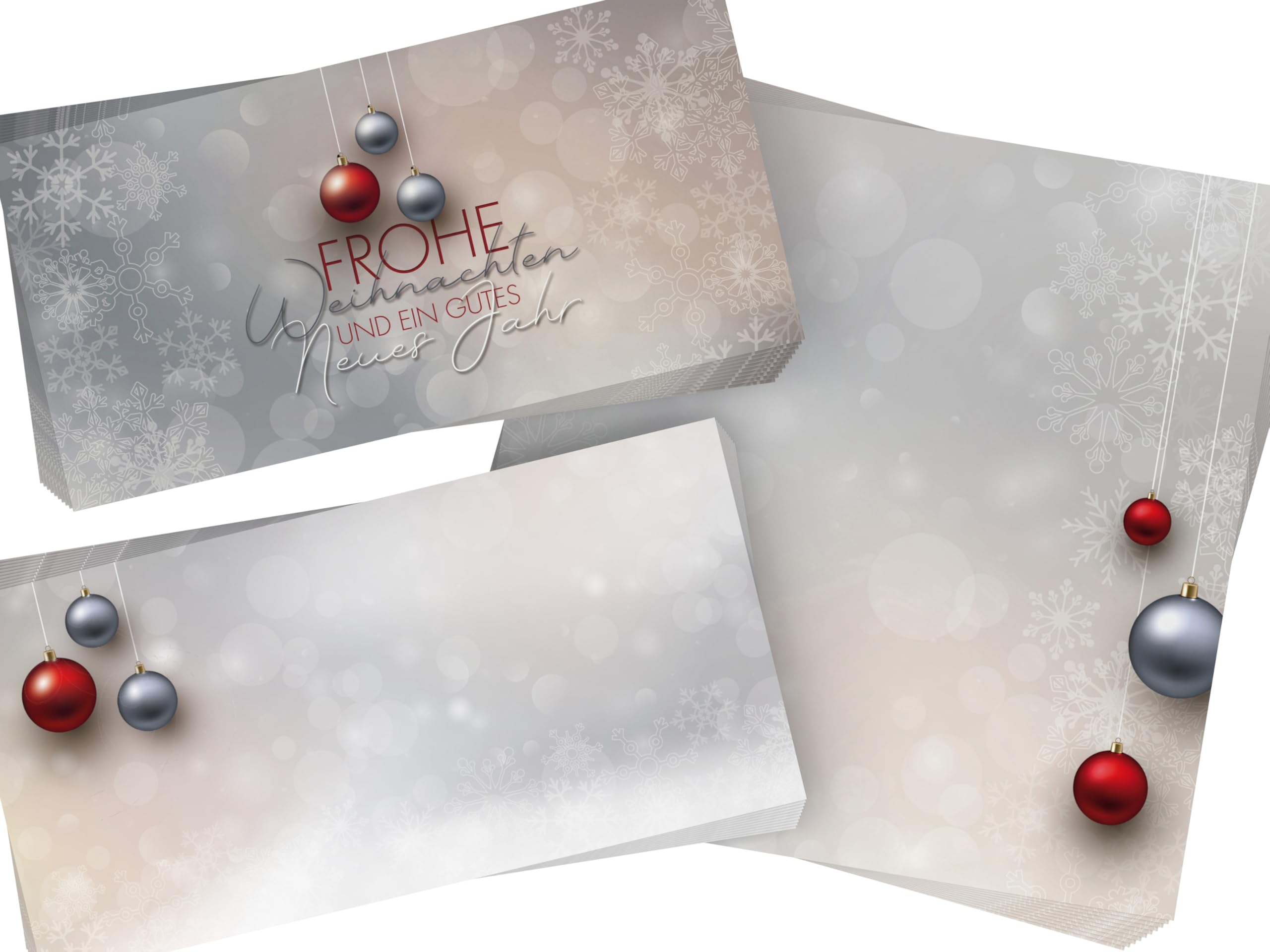 Weihnachtskarten Komplett-Set | Weihnachtskugeln Rot und Silber | 50 Karten-Sets mit Einleger und Kuvert | weihnachtliche Klappkarten