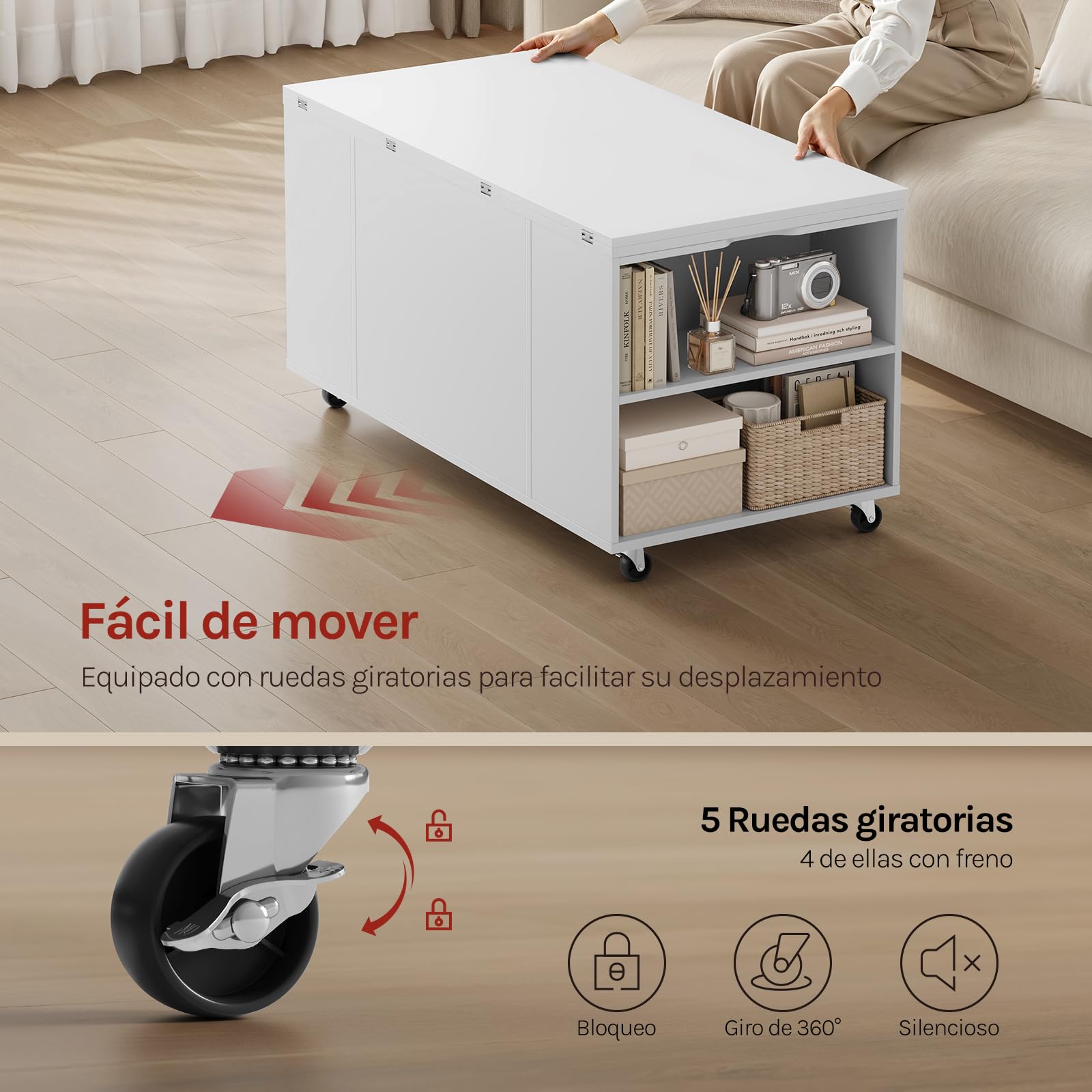 WOLTU Mesa de Centro con Tapa Elevable y Ruedas, Mesa Extensible y de Altura Regulable con Doble Tapa Elevable, Cajón y Compartimentos de Almacenamiento, para Salón u Oficina, Blanco
