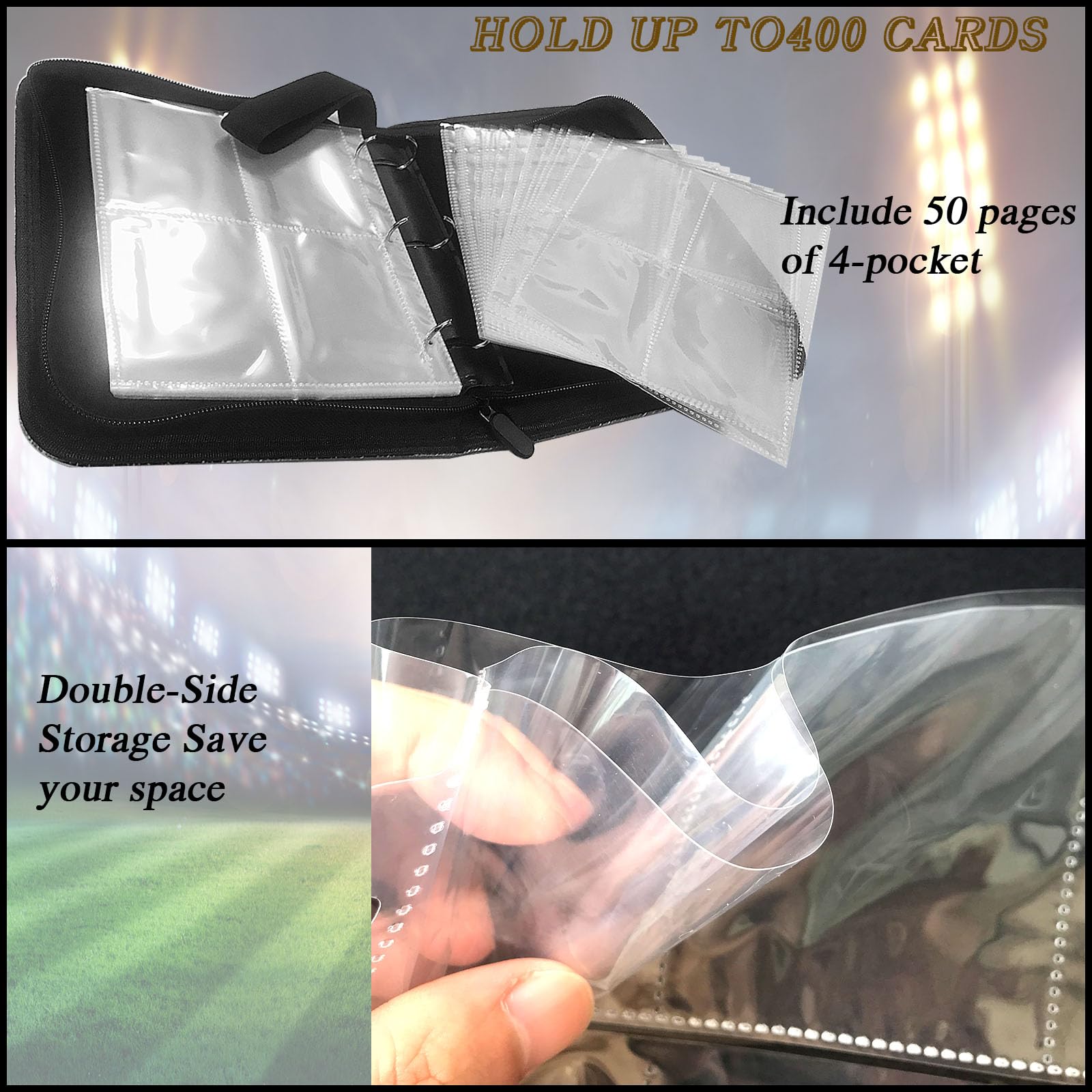 Carpeta de tarjetas deportivas de 400 bolsillos con 50 fundas para 400 tarjetas deportivas, carpeta con cremallera para tarjetas deportivas, para fútbol, fútbol, béisbol, baloncesto, hockey, colección