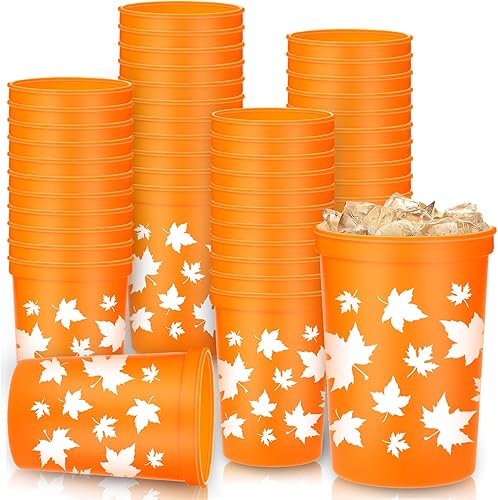 Whaline 40 vasos de plástico de hoja de otoño de Acción de Gracias de 12 onzas, tazas de plástico de hoja de arce de otoño, tazas de plástico