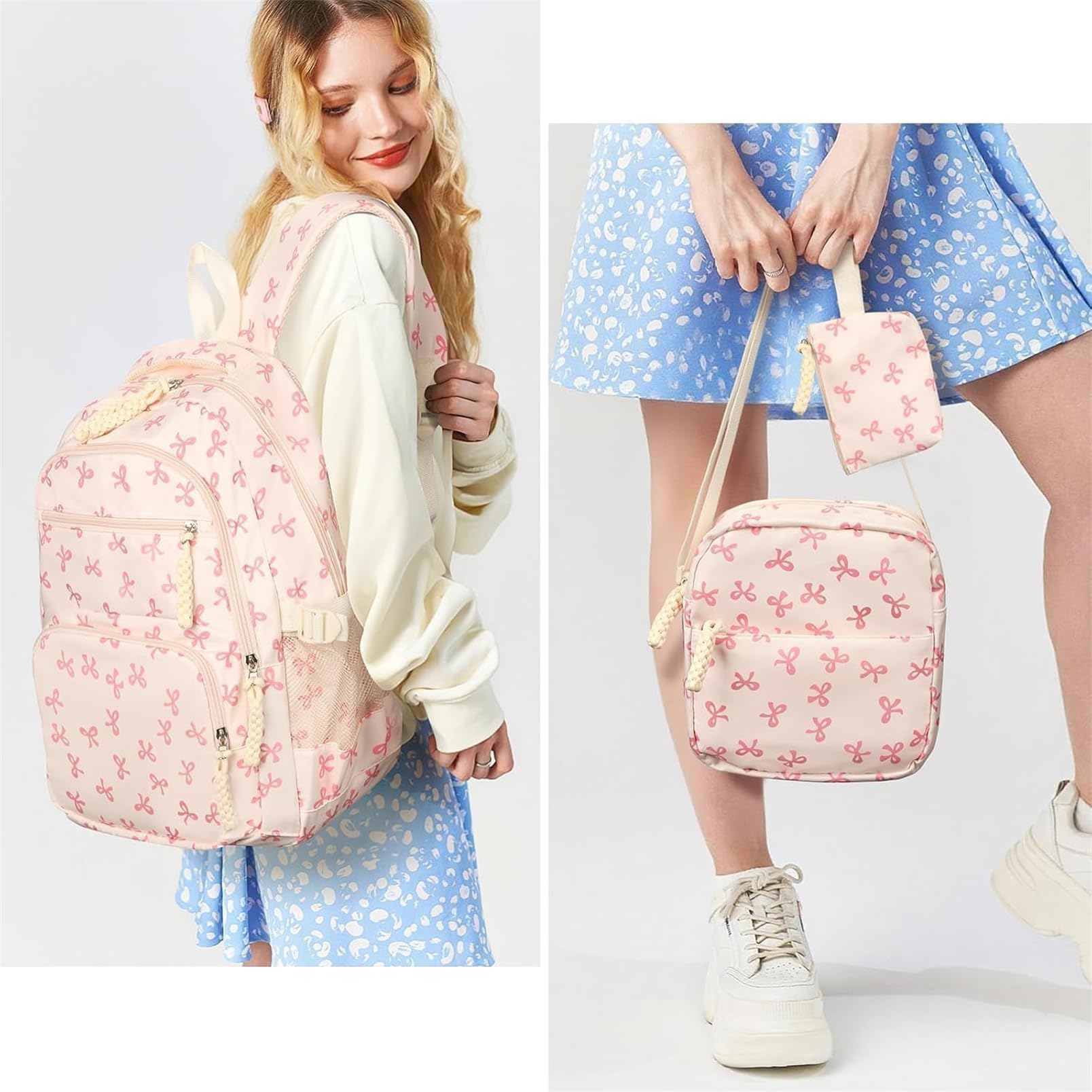 Schulrucksack Set 3-teilig mit Schleifen – Coquette Stil Rucksack für Teenager Mädchen, Aesthetic Schultasche geeignet für 5. Klasse & Laptops bis 15,6 Zoll (Rosa)