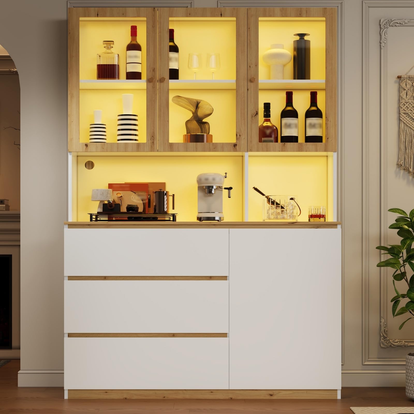 Vetrina alta in vetro cucina LED,Piano di lavoro allungato,Gestione cavi