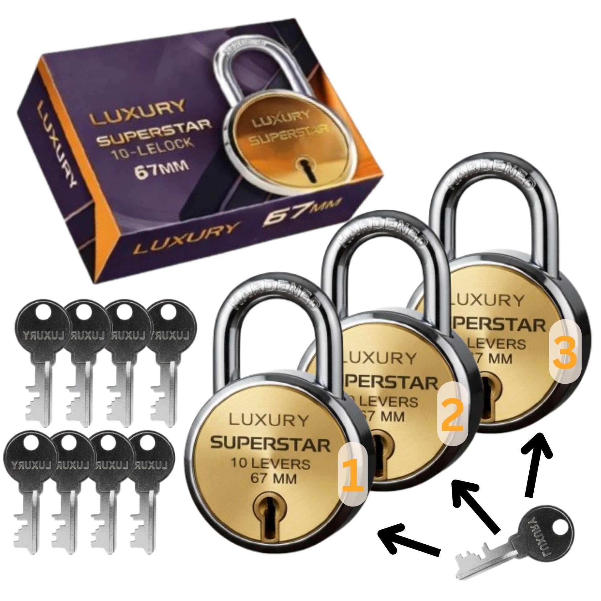 ONEPRO Luxury Superstar Padlock 67mm | 10 Lever Double Locking High Security Lock | Hardened Steel Shackle | Set of 3 Padlocks with 3 Each Keys | for Home, Shop, Gate & Godown-picture-12