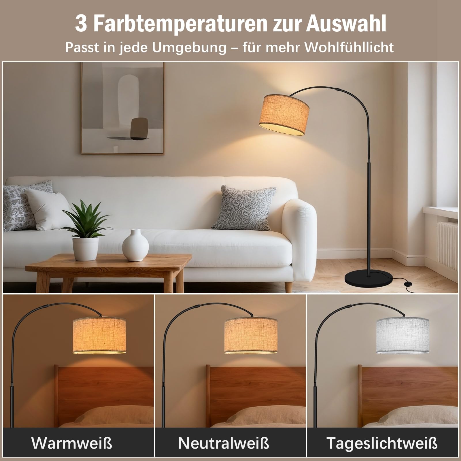 Yicenscoltd Bogenlampe Stehlampe Wohnzimmer– LED Stehlampe Dimmbar mit 3 Farbtemperaturen,12W E27 Glühbirne geliefert, Leinen Lampenschirm, Fußschalter – geeignet für Schlafzimmer, Lesen, Büro usw