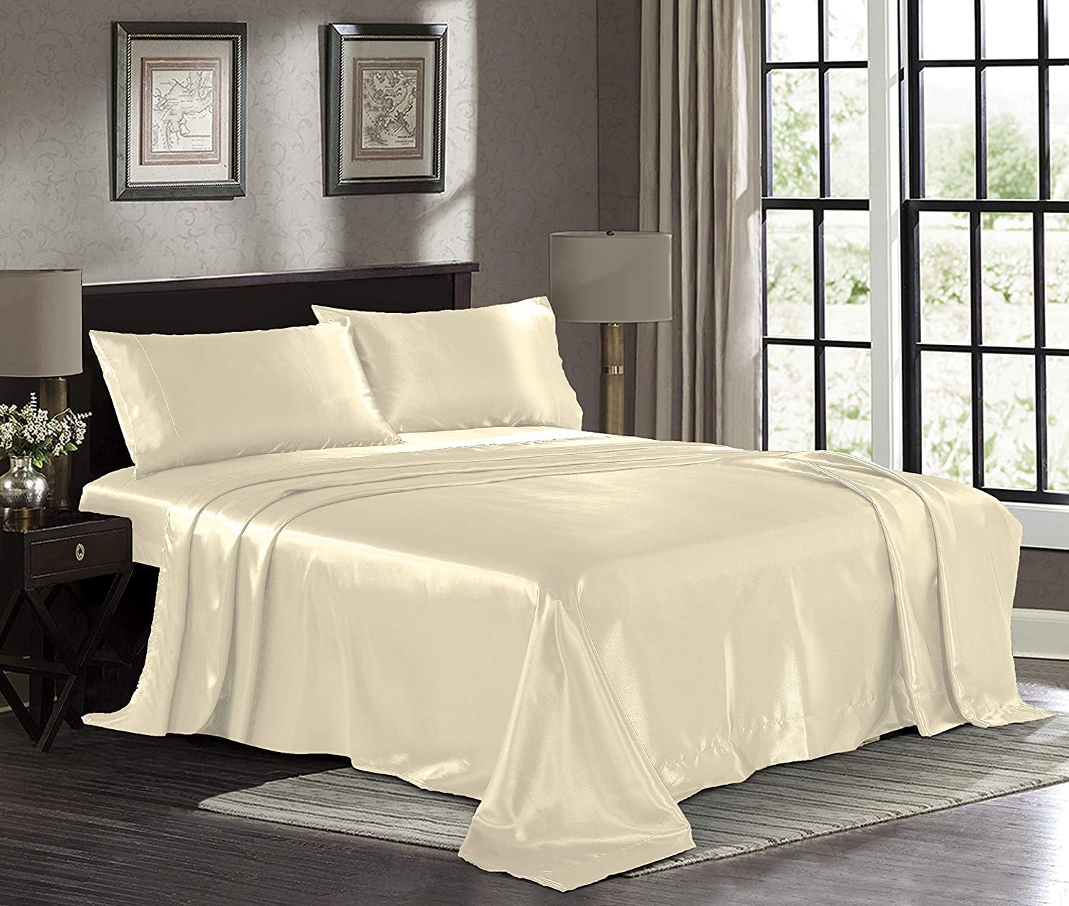 Luxurious 100% Silk Satin Sheet Sets 4Pcs, Twin XL Size(39"X80"), (Flat Sheet, Fitted Sheet & Pillow Cases), DEEP Pocket Size 12 INCH, Soft, Breathable, Ivory