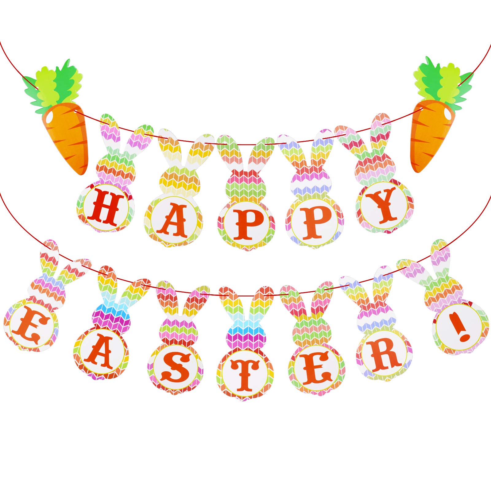 Happy Easter Banner Colorful Bunny Pattern Bunting Easter Decorations Garland Favors Photo Props White Rabbit Bunny Sign Spring Decor Home Party Supplies