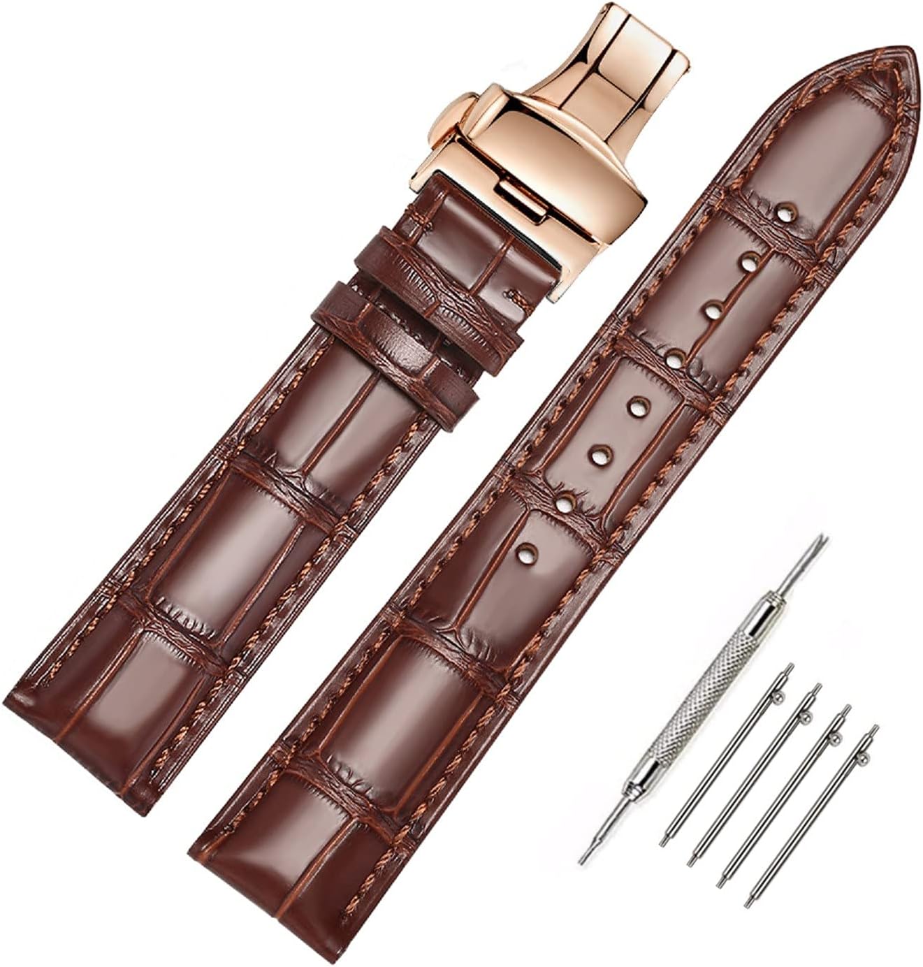 Moran Genuine Leather Band Alligator and Cowhide Replacement Deployment Buckle Watch strap18mm to 24mm Crocodile Leather Strap for Men's and Women's
