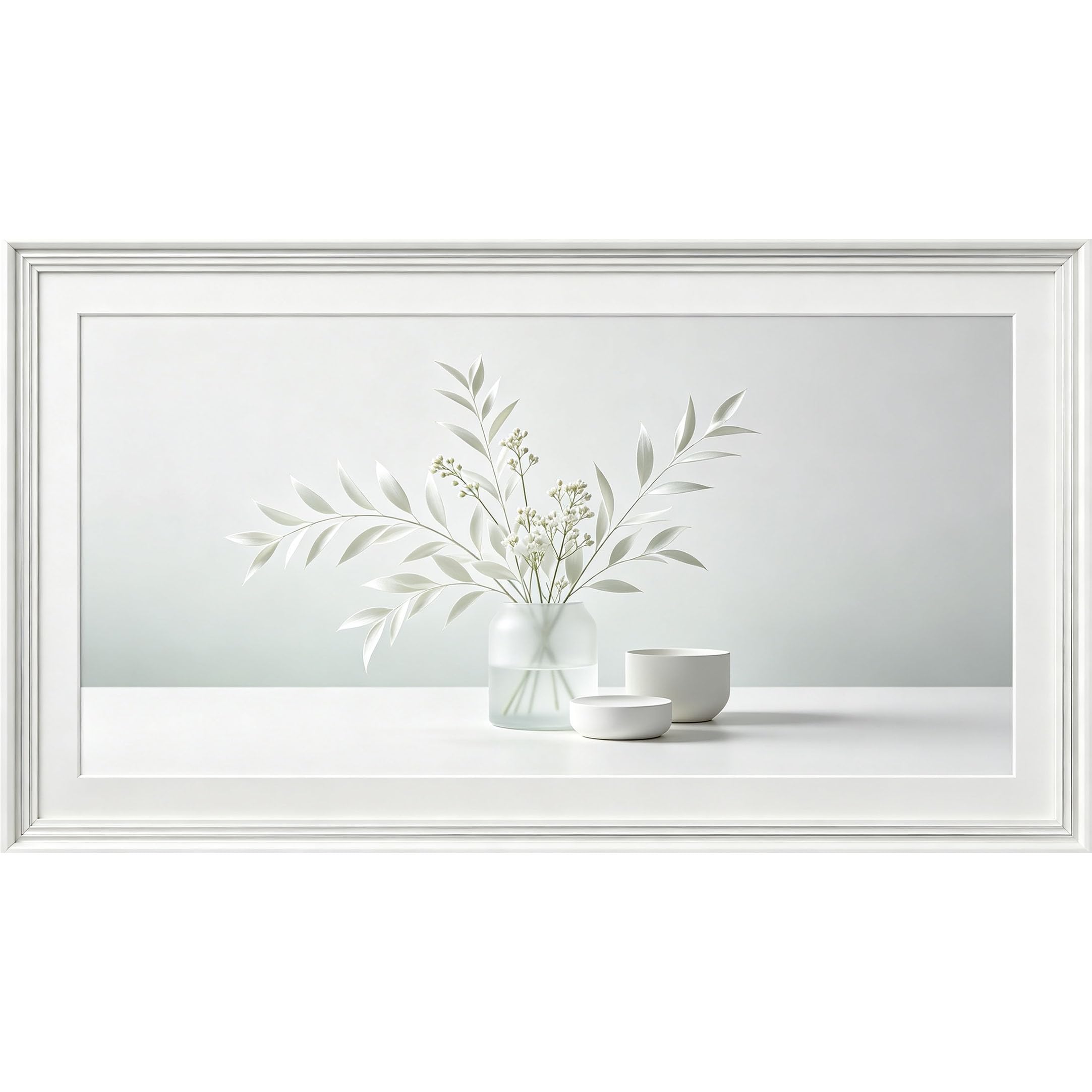QZLITHOTIC 50x90cm3D Framed Wall Art， Minimalist Botanical Vase White Leaves Still Life Self‑Adhesive Mural， Water‑Activated Peel & Stick Fabric Decor Wall Decal for Bedroom Living Room