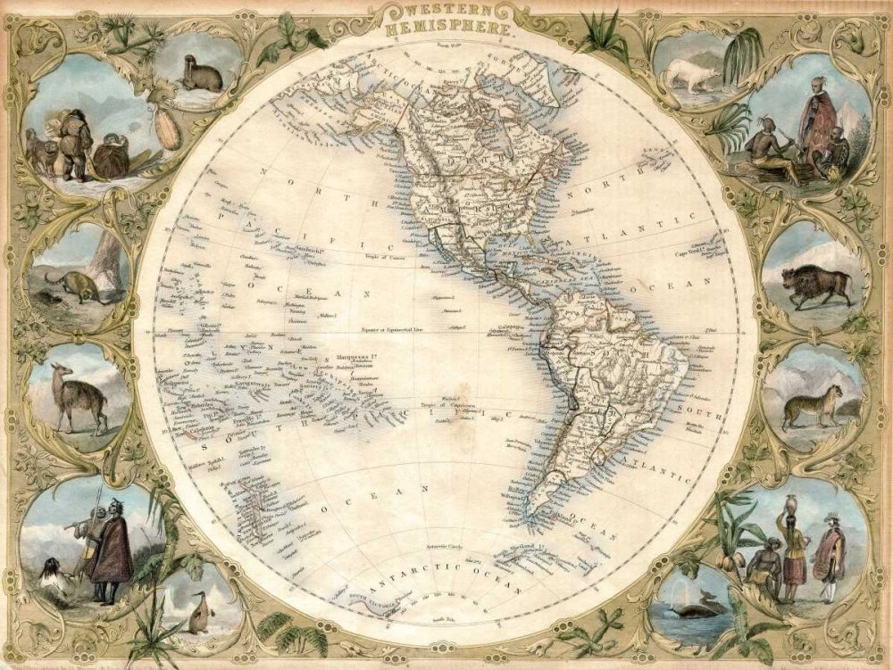 ART-PRINT-on-on-matte-paper-220gr- Carte de l'hémisphère occidental, 1850 Tallis John - Cartes horizontales image planisphères carte du monde Terre 24_X_33_in