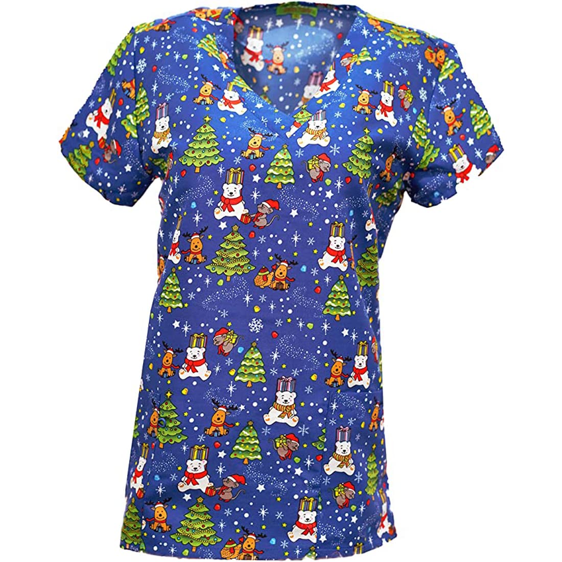 Green Town Holiday Printed Halloween Scrubs, Christmas Printed Uniform Tops (Blue Bears Reindeer, X-Large)