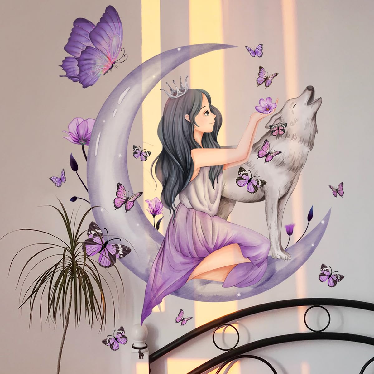 WandSticker4U®- Wandtattoo Kinderzimmer MÄDCHEN AUF DEM MOND lila (70x75 cm) I Wandsticker Wolf Nacht Prinzessin Girl Schmetterlinge I Wandaufkleber Kinderzimmer Deko Mädchen Teenager GROß