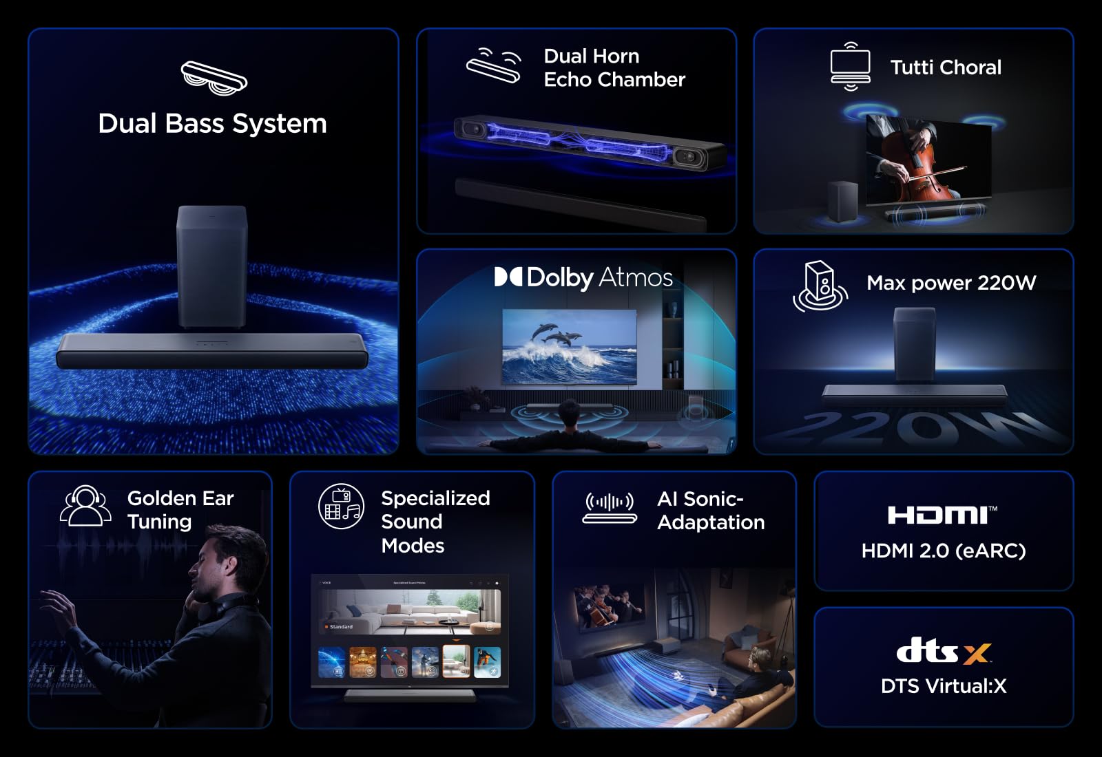 TCL S55HE Soundbar 2.1, 220W, Dolby Atmos, DTS Virtual:X, subwoofer wireless, Bluetooth 5.3, HDMI eARC, USB, ottico, montaggio a parete, telecomando incluso