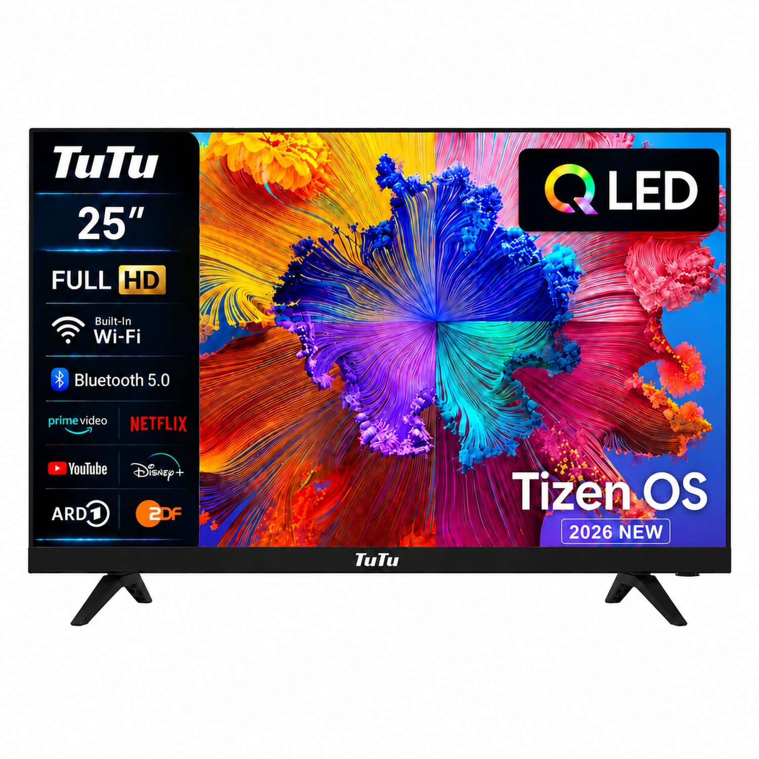 TuTu TU25Q1FQ-T8 Smart TV 25 Pollici (64 cm), QLED Full HD Collegato Televisione con Tizen OS, WiFi, Bluetooth, App Store, AirPlay, Tripla sintonizzatore (DVB-T/T2, DVB-C, DVB-S/S2), Molotov e Altro
