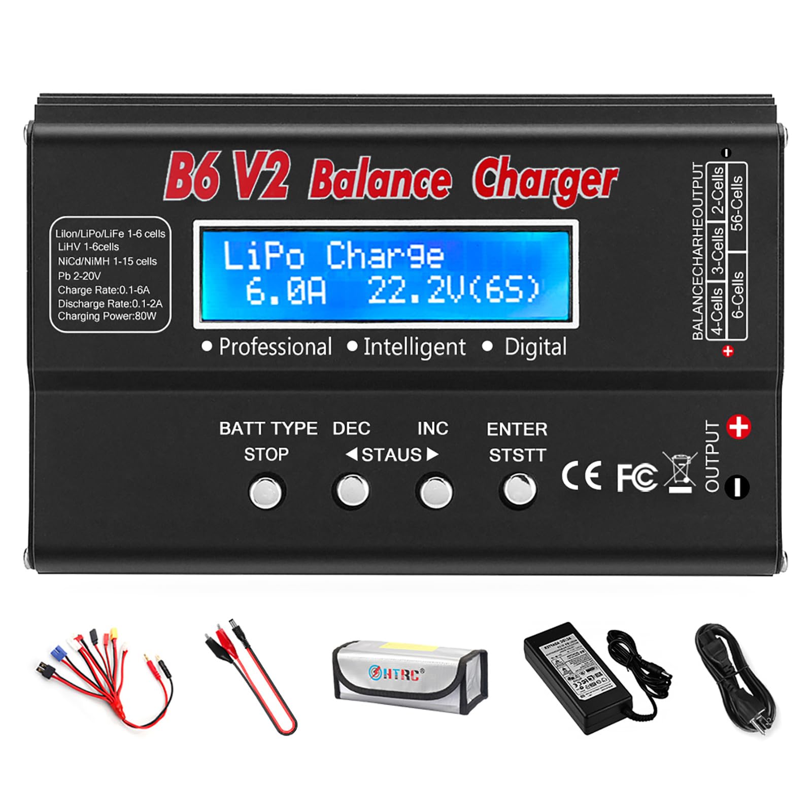 LiPo Battery Charger 1S-6S LiPo LiHV Life Li-ion Balance Fast Charger Discharger 80W 6A Smart Digital Battery Pack Charger NiCD NiMH PB Smart Battery Battery for RC Car (Black)