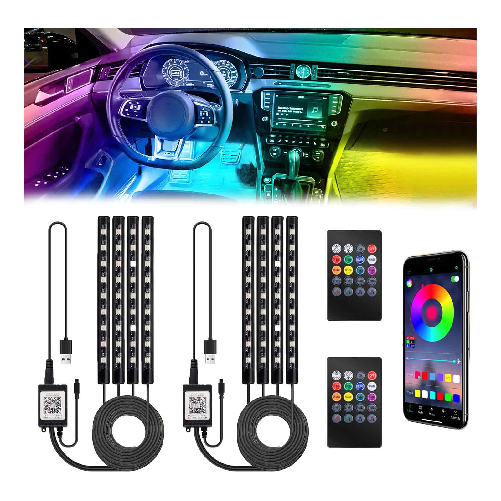 BFXM Car Interior Lights, 5V LED Strip Lights with USB Adapter, Ambient Lighting Car Accessories, App & Remote Control Music Sync Color Change Lights for Truck Car Decor- 2 Set USB Adapter*2