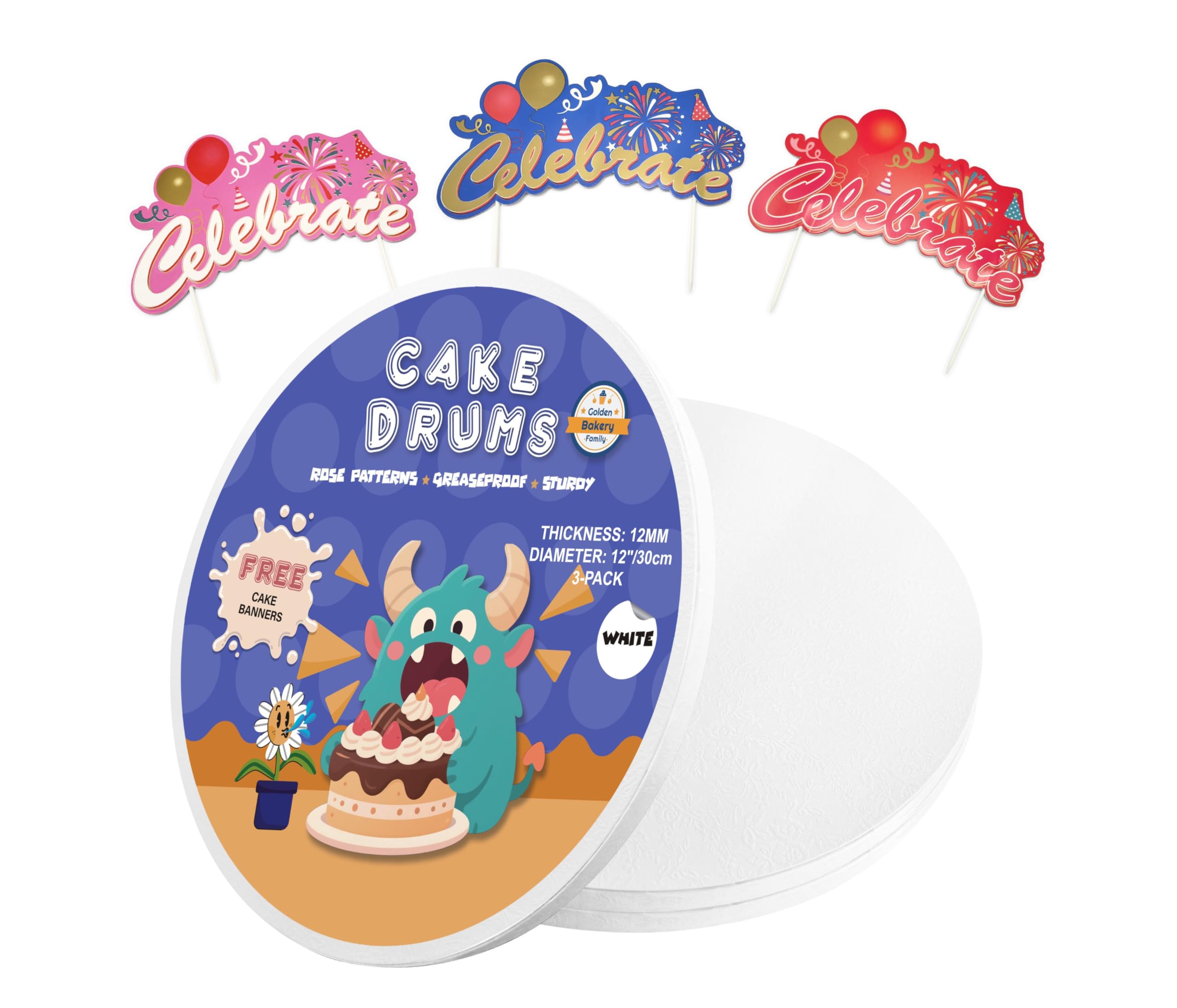 12 Inch Cake Drums with Banner Cake Topper-Cake Board Round White(3-Pack) 1/2 Inch Thick Cake Boards Sturdy, Greaseproof for Birthday Wedding