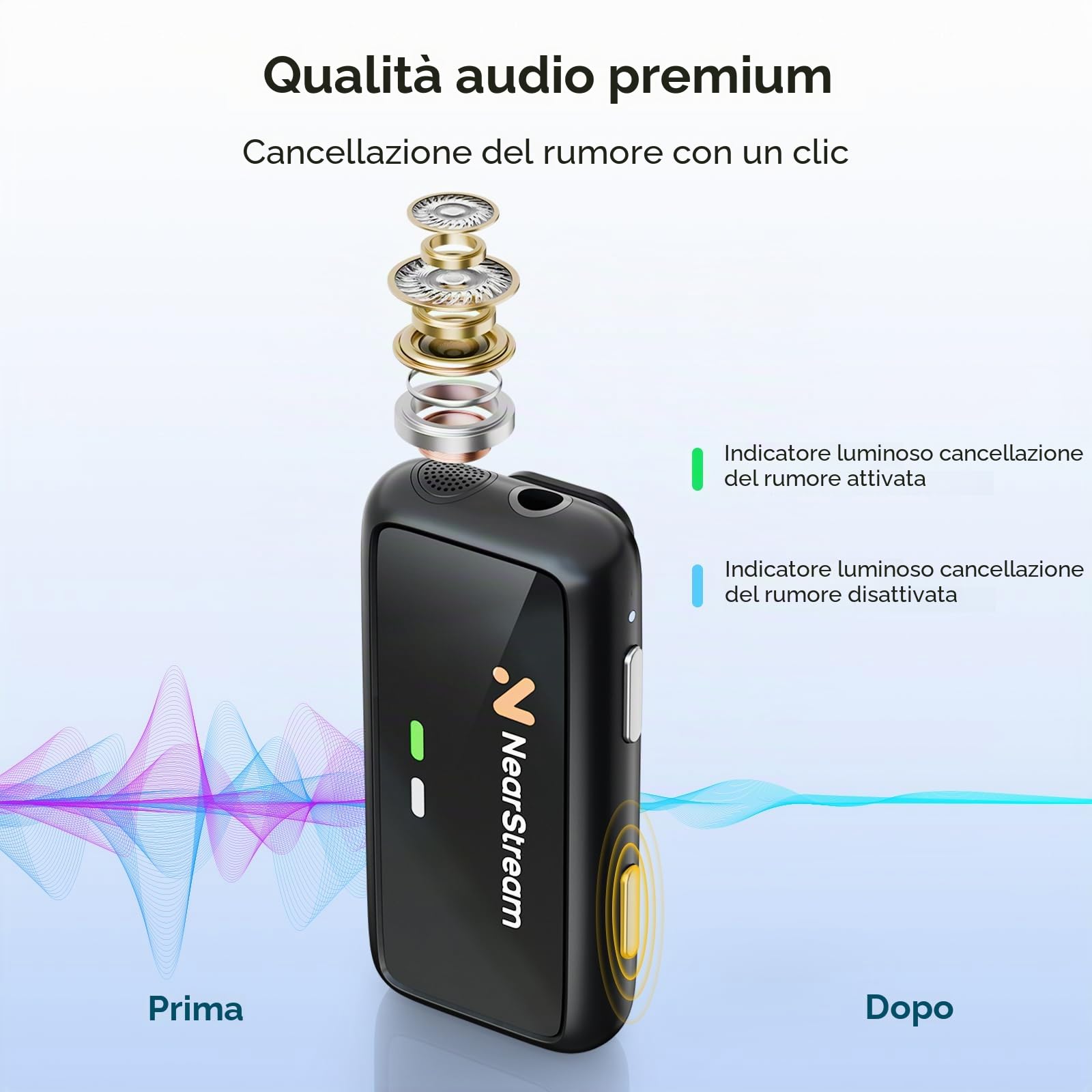 NearStream Microfono Lavalier Wireless iPhone, Android, Fotocamere e PC | Cancellazione AI del rumore, 7 h, trasmissione 200 m, display LCD, microfono wireless per streaming e registrazioni