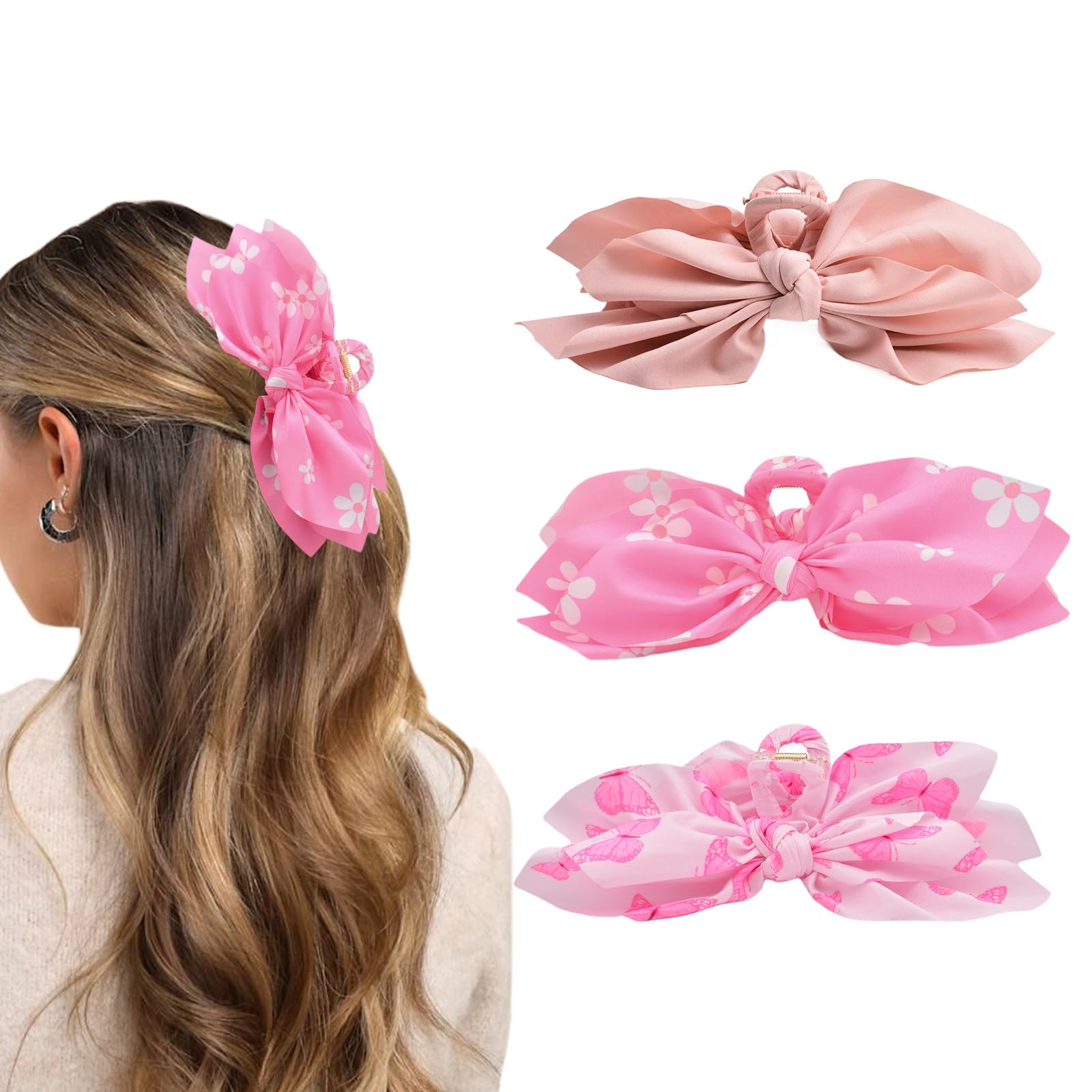 Pinzas para el pelo con lazo, 3 unidades, color rosa, lazos grandes para el cabello para mujer, pinzas de mariposa para peinar, pinzas grandes para cabello grueso para niñas, accesorios para