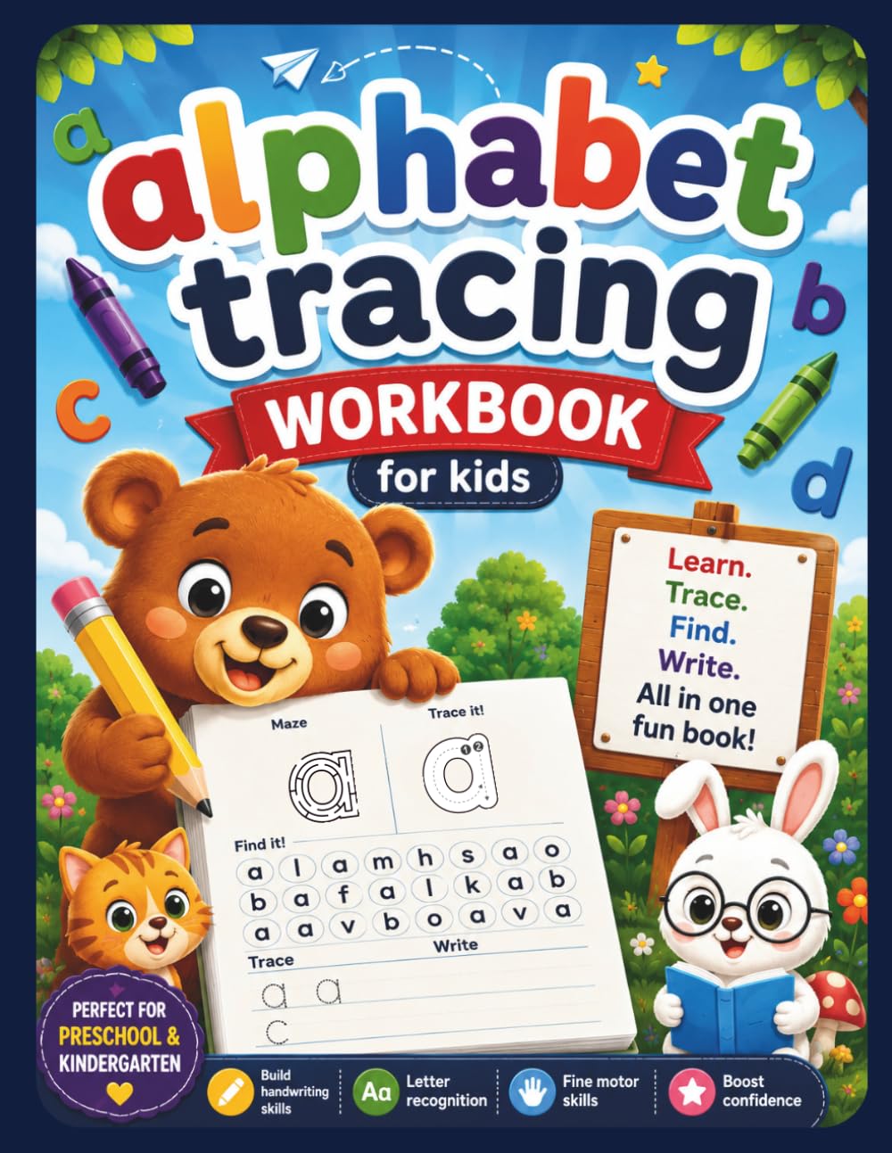 Alphabet Tracing Workbook for Kids: Letter Mazes, Letter Search, Tracing & Handwriting Practice for Preschool and Kindergarten