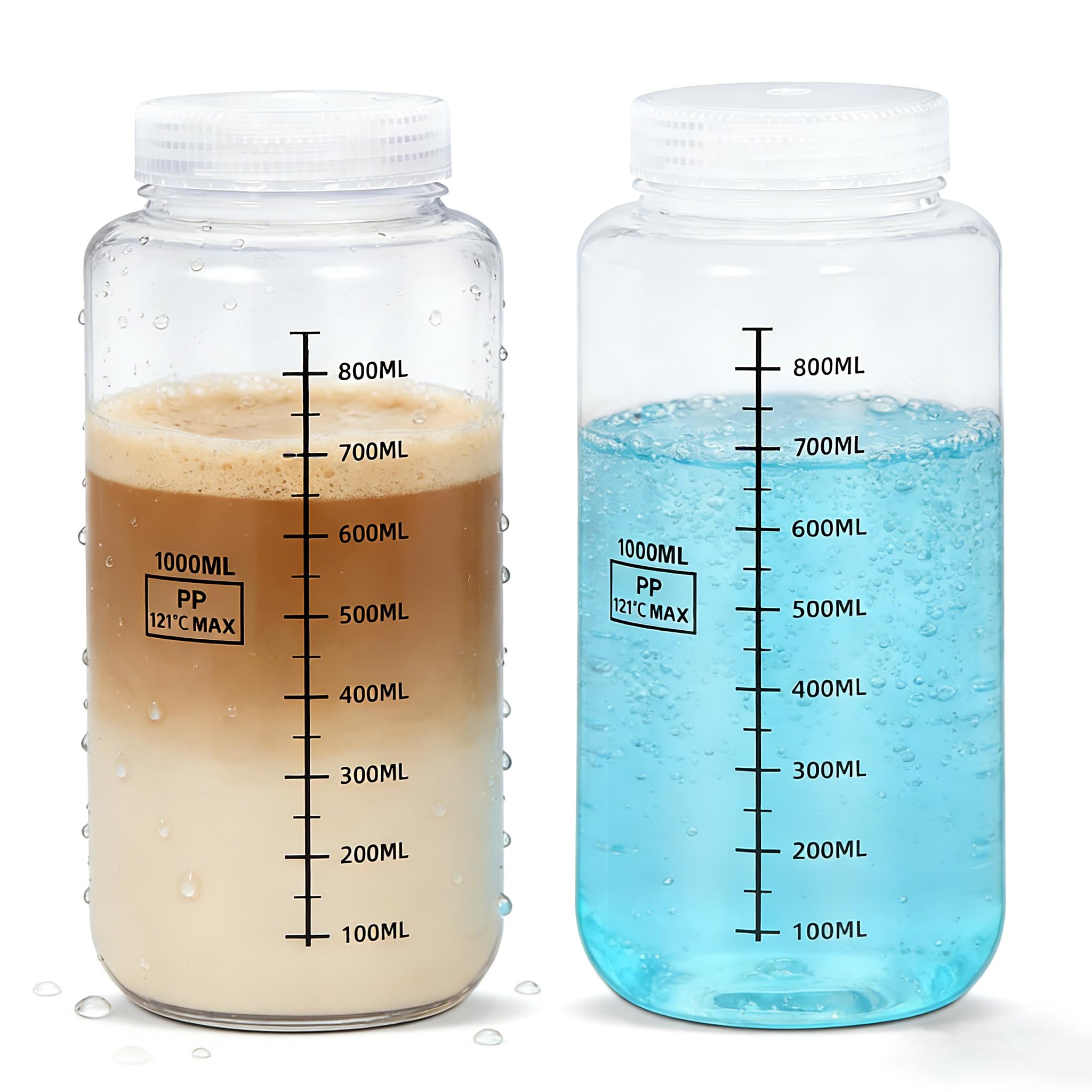 34oz/1000ml Wide Mouth Plastic Bottles with Airtight Lids, Graduated Food Grade Leak Proof PP Containers Jars for Water Sample Lab Reagent Liquid Medicine Storage (Transparent, 2 Pcs)
