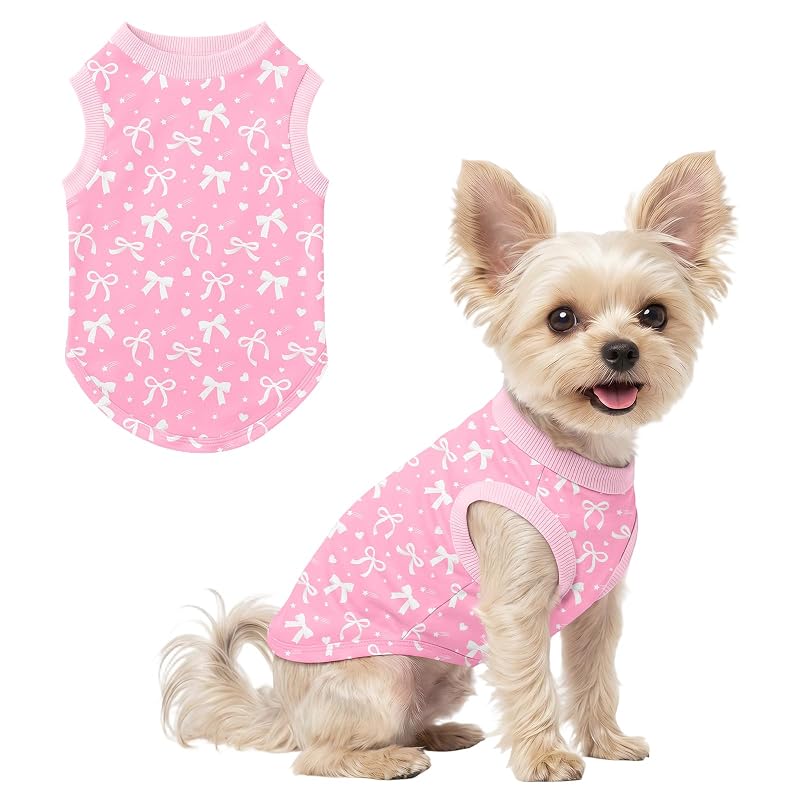 Camiseta para Cães Pequenos Ruirichfun sem Mangas em Tecido Elástico Pink Bow X-Small (Peito de 27,94 cm)